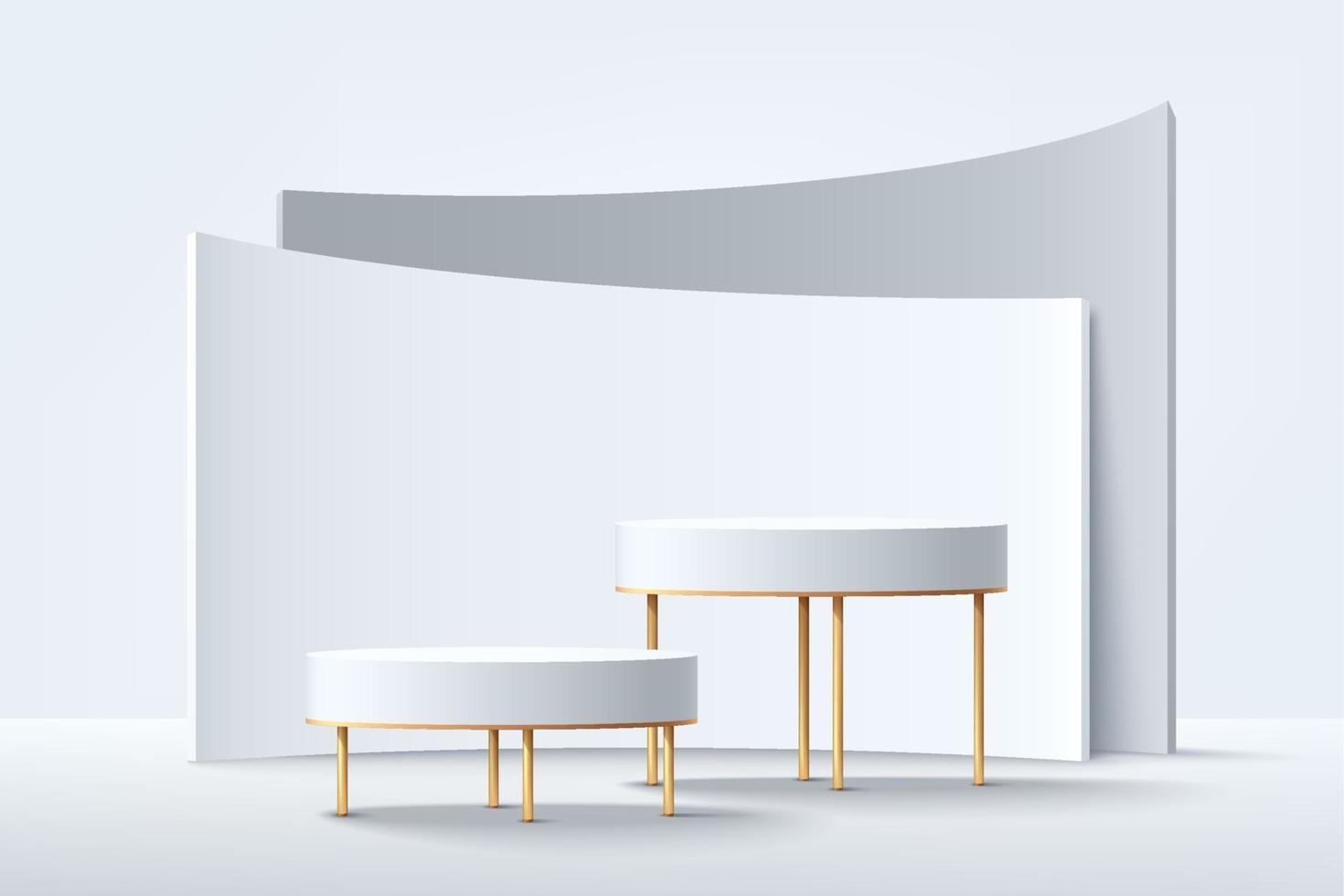 Modern white cylinder and golden easel pedestal podium. White and gray color minimal wall scene with geometric backdrop. Vector rendering 3d shape, Product display presentation. Abstract room concept.