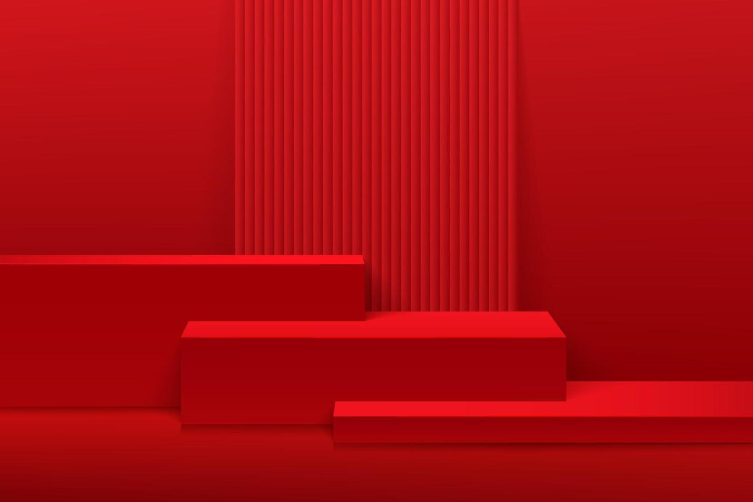 podio de pedestal de pasos de forma de cubo rojo moderno. Escena de pared mínima roja con textura de línea vertical en la sombra. Representación vectorial de forma 3d, presentación de exhibición de productos. sala abstracta. diseño de plataforma. vector