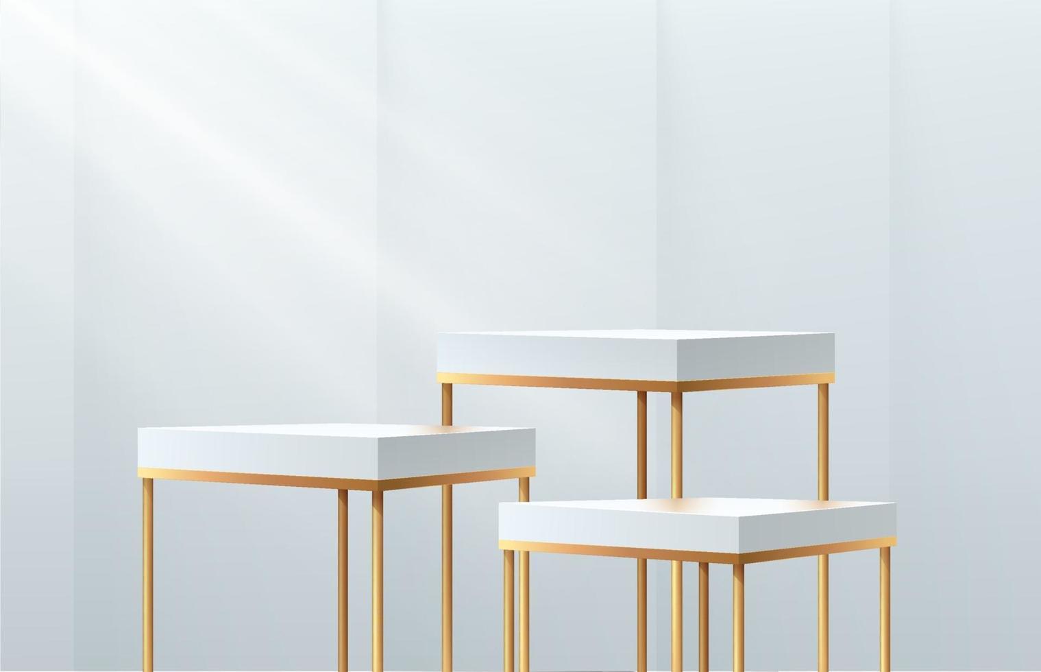podios de pedestal de cubo de lujo blanco y dorado. Escena de pared minimalista en color plateado con iluminación de ventanas. plataformas geométricas. Representación vectorial de formas 3d, presentación de exhibición de productos. diseño de habitación abstracto vector