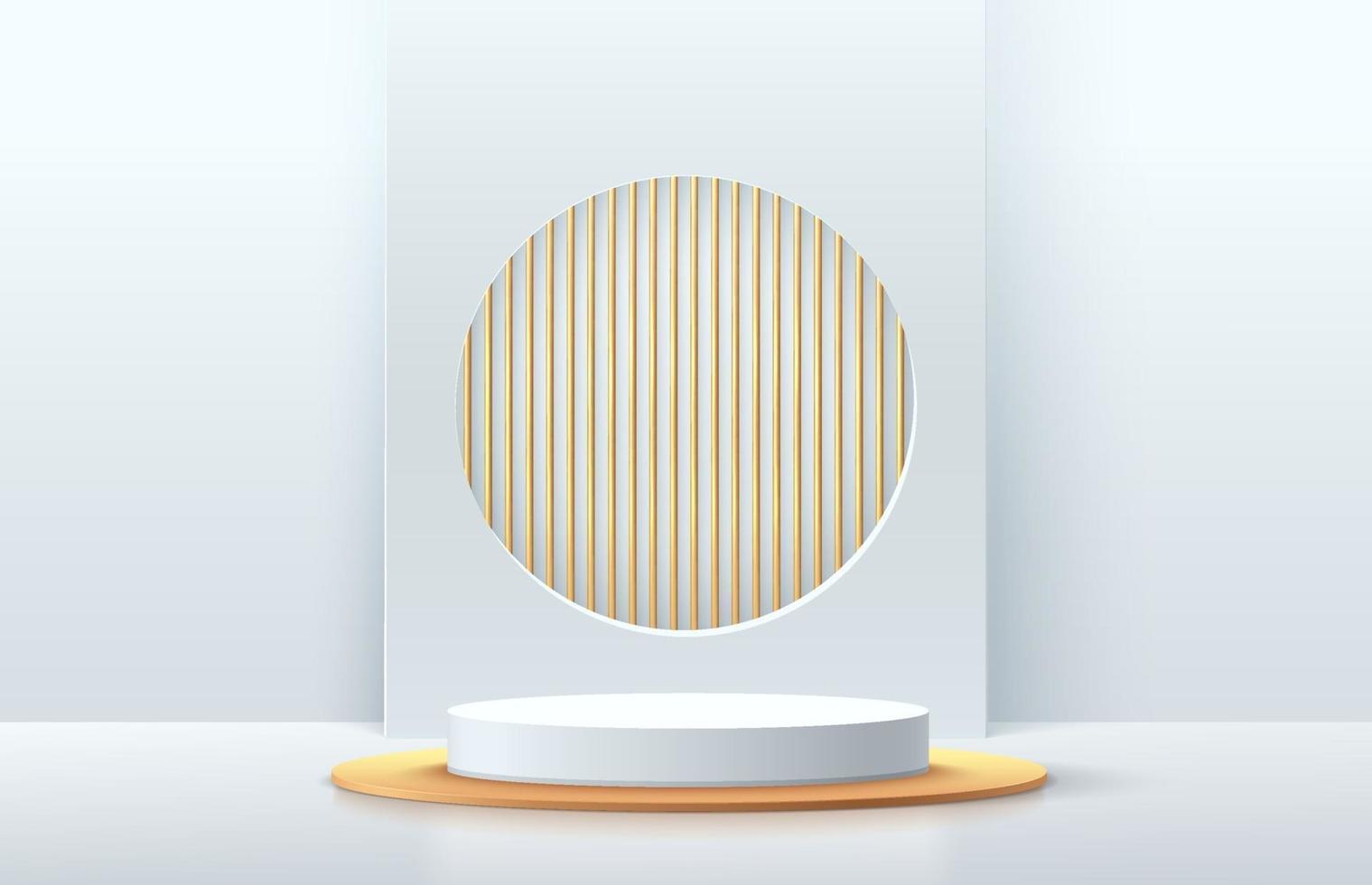 podio moderno con pedestal cilíndrico blanco y dorado. Escena de pared mínima de color plateado. telón de fondo geométrico con franja vertical dorada. Representación vectorial de forma 3d, presentación de exhibición de productos. sala abstracta. vector