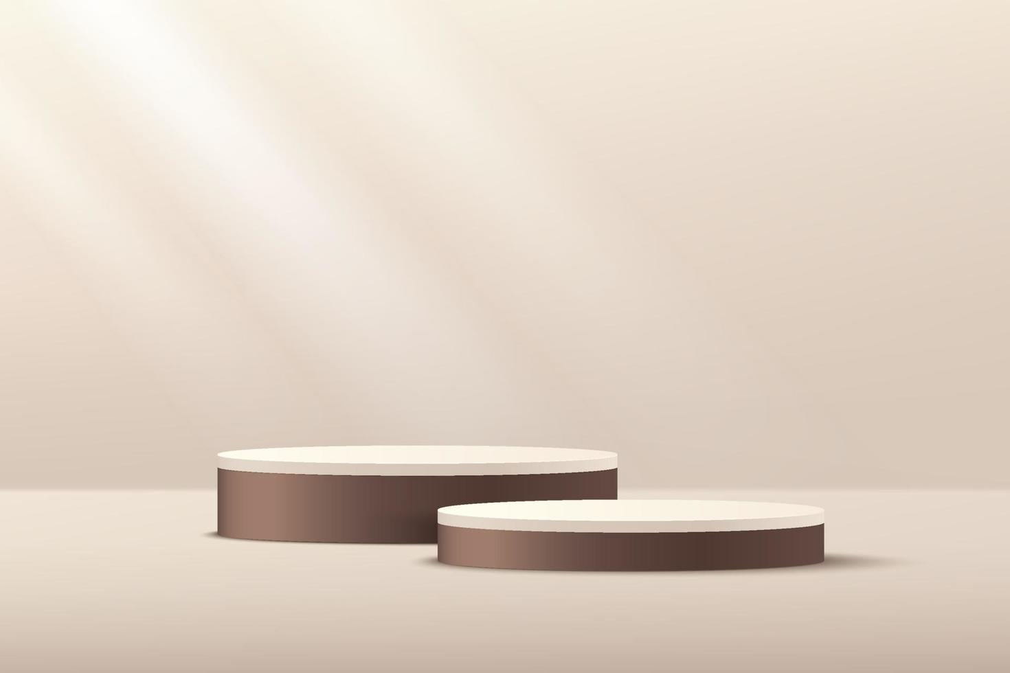 Luxury brown and cream color cylinder pedestal podium. Light brown wall scene. Window lighting. Abstract modern vector rendering 3d shape for products display presentation. Minimal studio room.