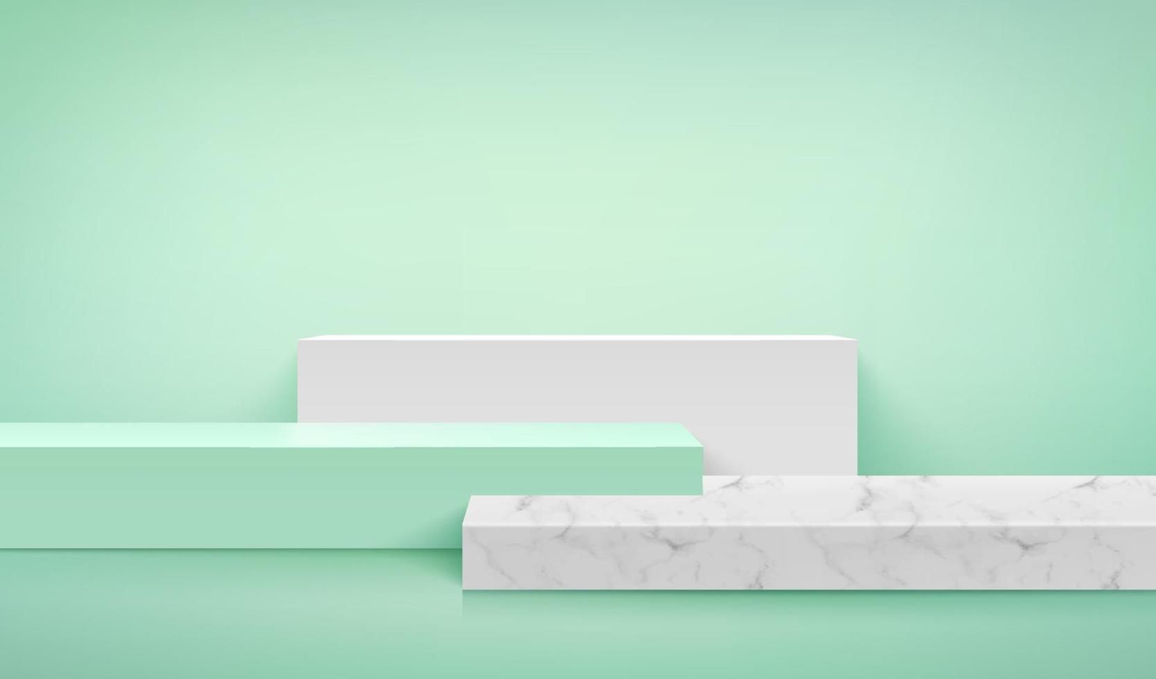 Modern white marble and green cube step podium with light green empty room background. Abstract vector rendering 3d shape for advertising product display. Pastel minimal scene studio room.