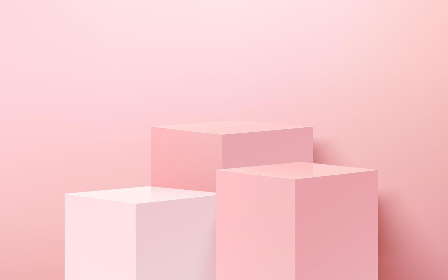 Representación vectorial abstracta Forma 3D para presentación de exhibición de productos cosméticos. moderno podio de pedestal de cubos de color rosa claro y blanco con fondo de habitación vacía en colores pastel. concepto de sala de estudio de escena mínima. vector