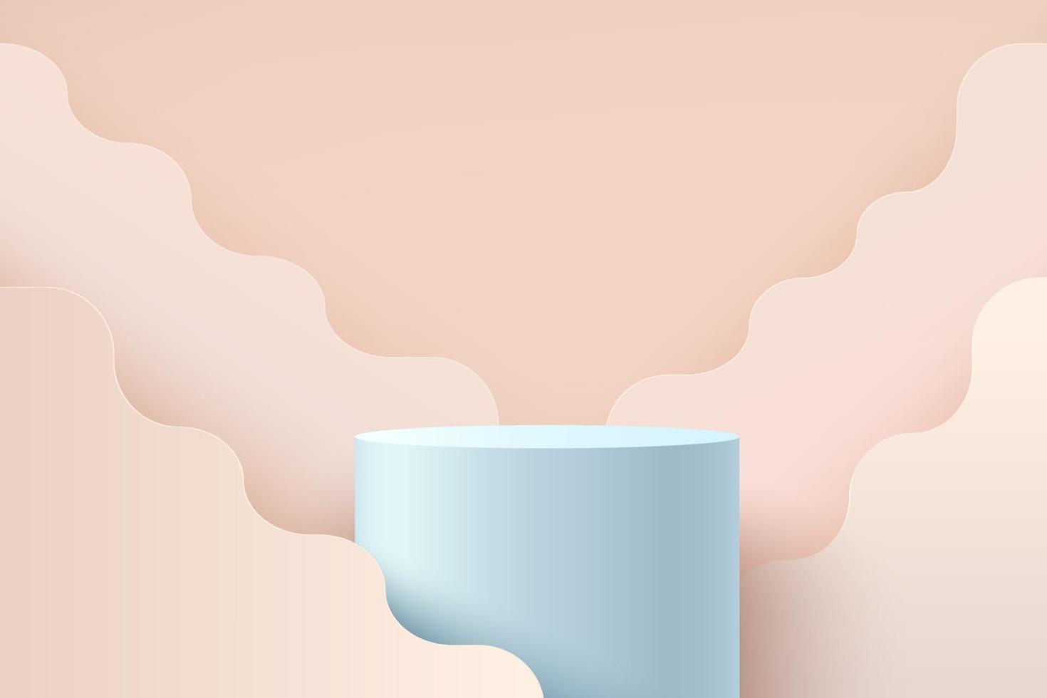 Modern light blue cylinder podium with pastel geometric curve pattern and empty room background. Abstract vector rendering 3d shape for advertising product display. Minimal scene studio room.