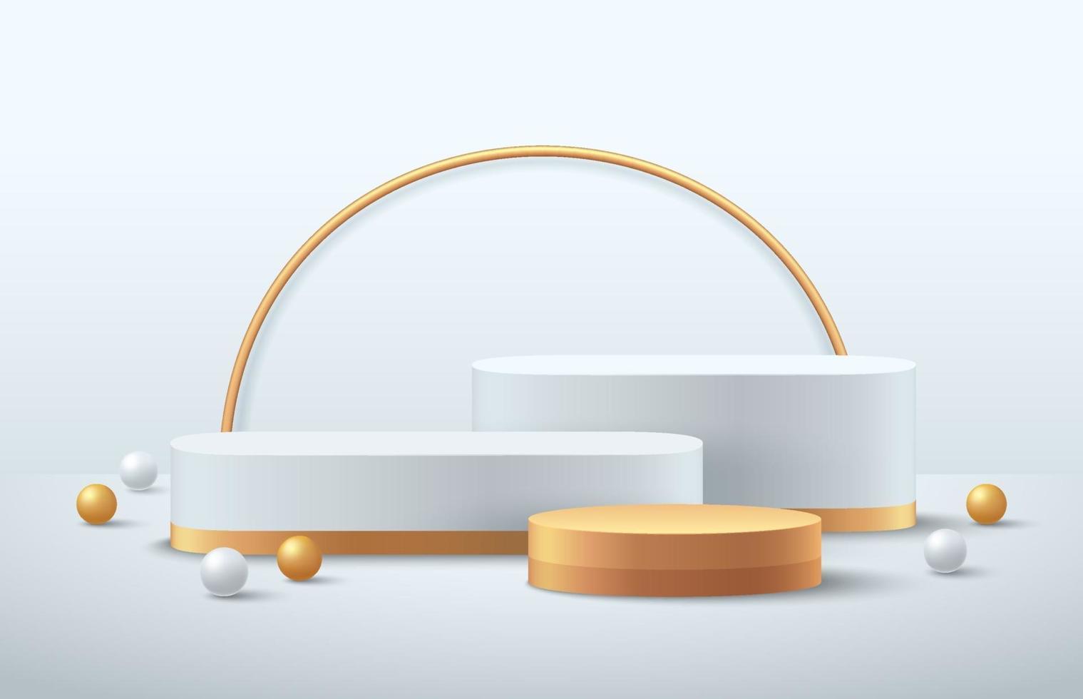 Luxury white and gold round podium on empty room with golden ring and white, golden sphere decorate. Abstract vector rendering 3d shape for advertising products display. Minimal scene studio room.