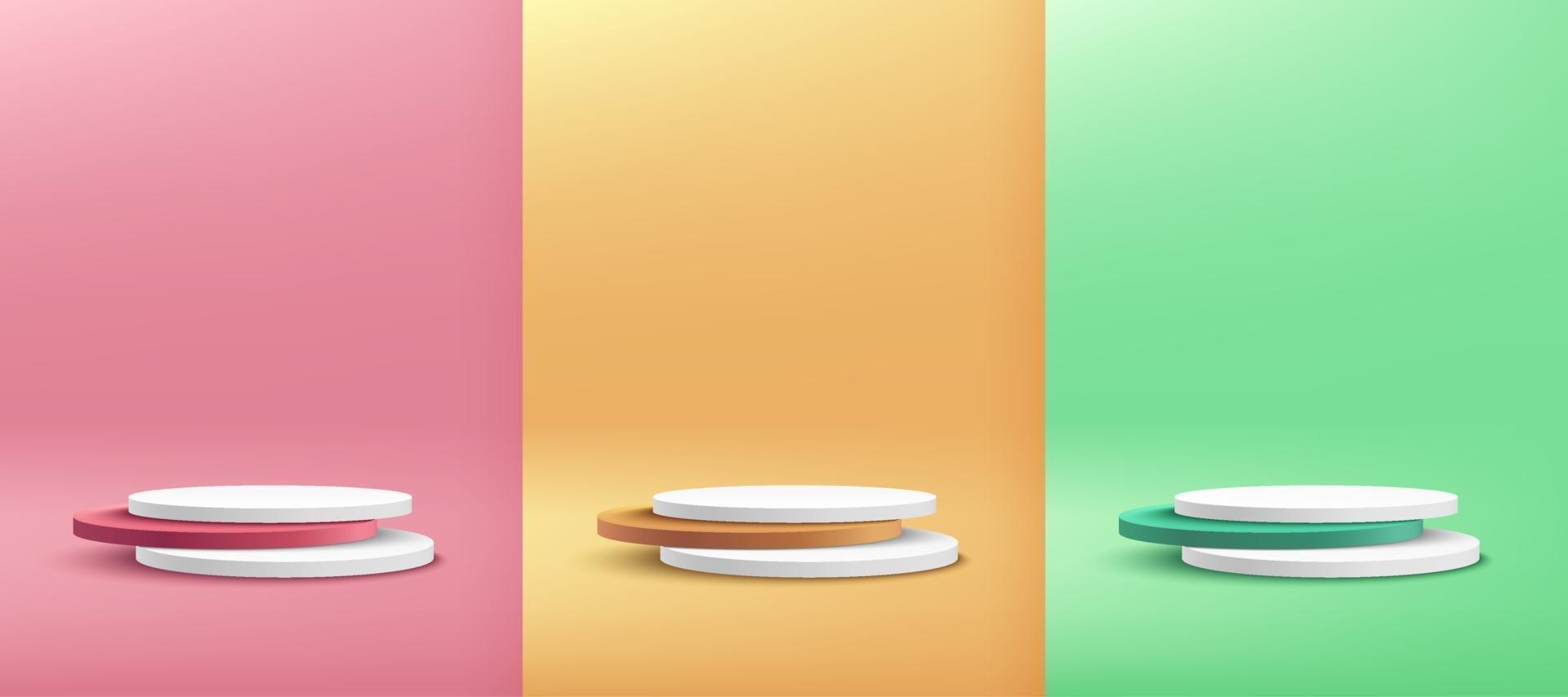 Set of white, green, yellow, pink round cylinder pedestal podium display on empty room background. Abstract modern vector rendering 3d shape for cosmetic products presentation. Pastel minimal scene.