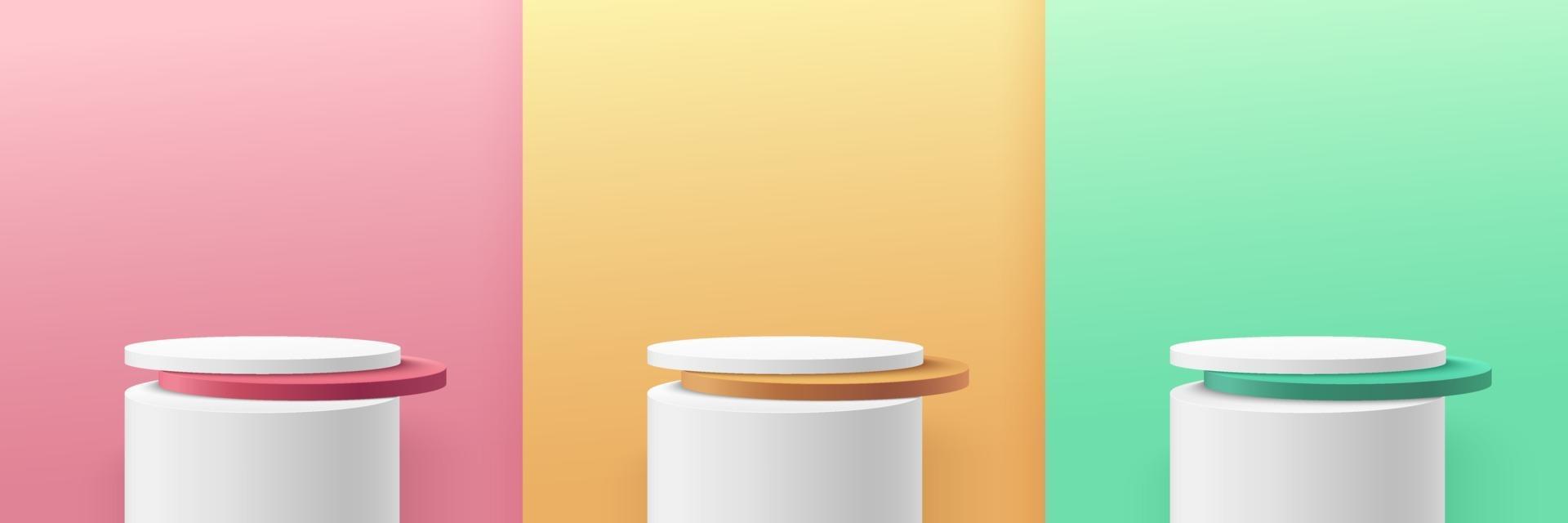 Set of green, yellow, pink round cylinder pedestal podium display on empty room background. Abstract modern vector rendering 3d shape for cosmetic products presentation. Pastel minimal scene room.