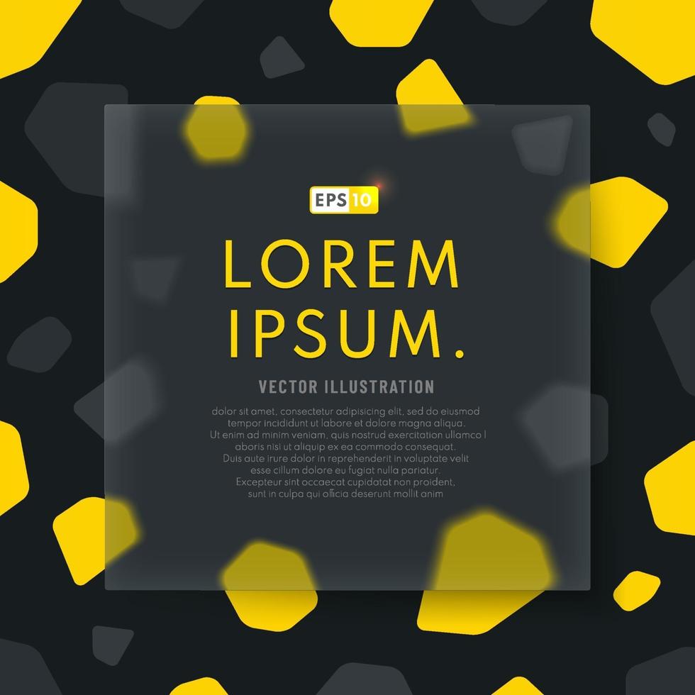 Abstract yellow geometric and square transparent glass on black background. Glass morphism background with space for your text. Vector illustration.