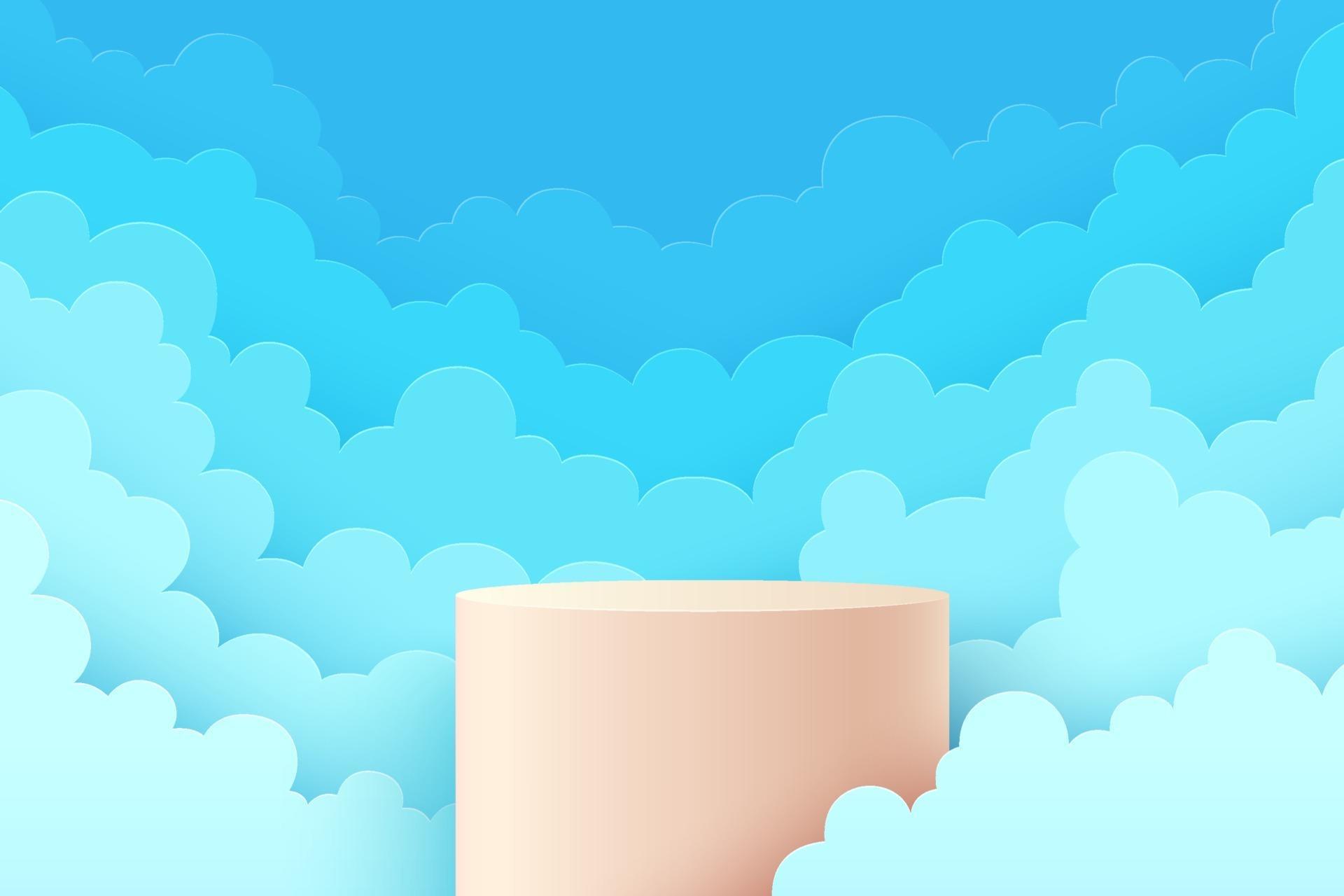 Modern light pink cylinder podium with blue background and blue sky cloud pattern paper cut style. Abstract vector rendering 3d shape for advertising product display. Pastel minimal scene studio room.