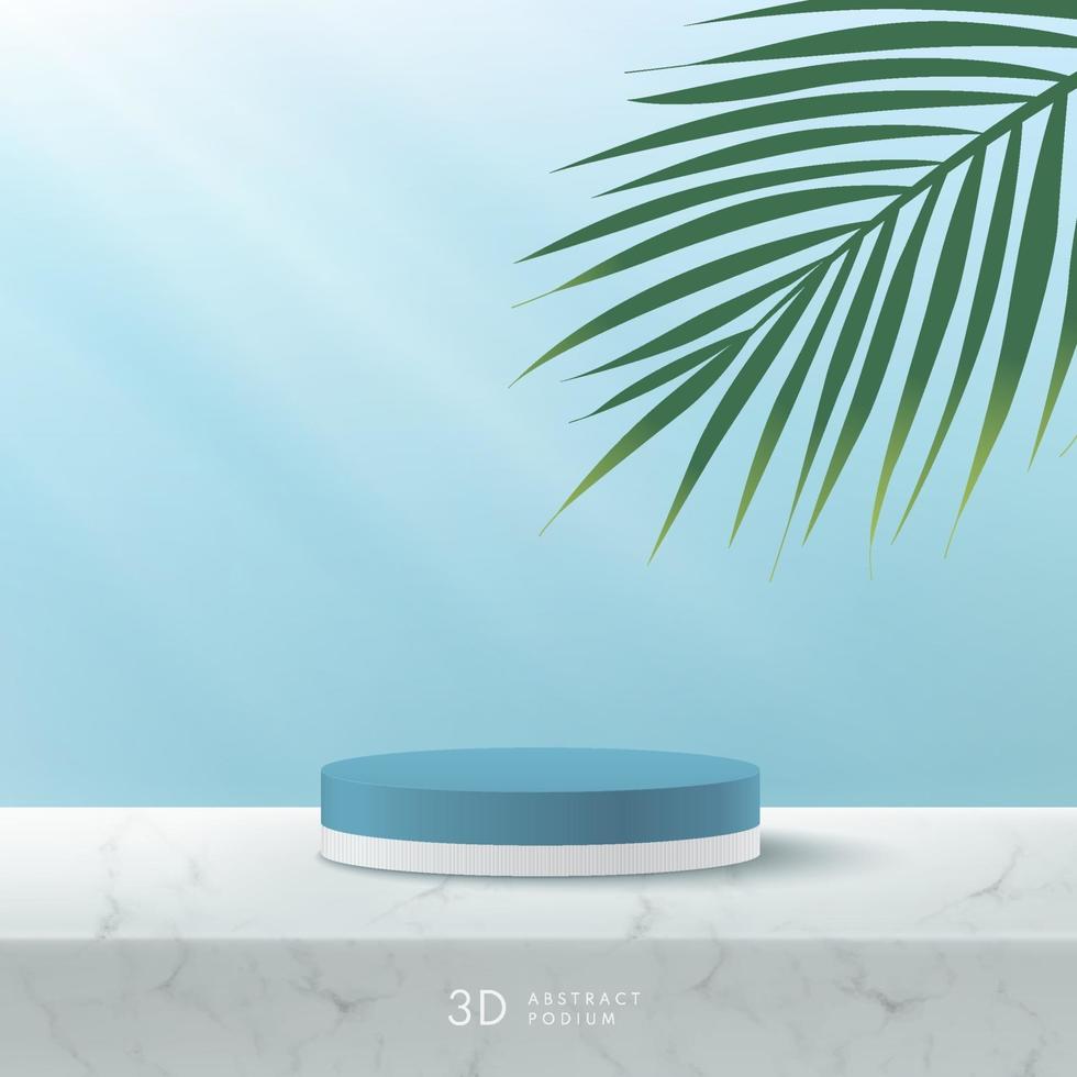Abstract vector rendering 3D shape for advertising product display with copy space. Modern white, blue cylinder podium with pastel empty room and marble pattern, green coconut leaf background.