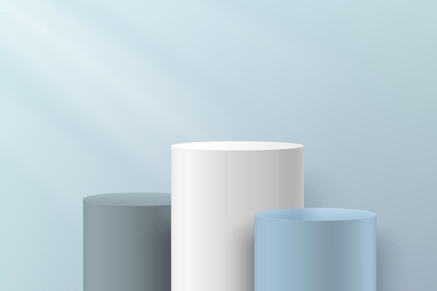Abstract vector rendering 3d shape for advertising product display. Modern white light blue cylinder podium with grey blue empty room and window lighting background. Minimal scene studio room concept.