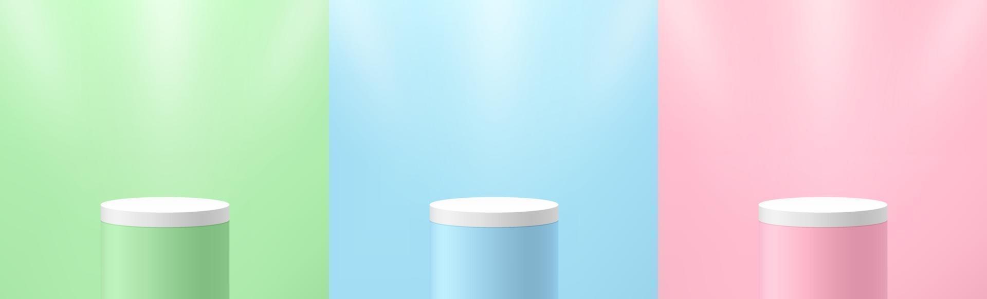 Set of green, blue, pink round cylinder pedestal podium display on empty room background. Abstract modern vector rendering 3d shape for cosmetic products presentation. Pastel minimal scene room.