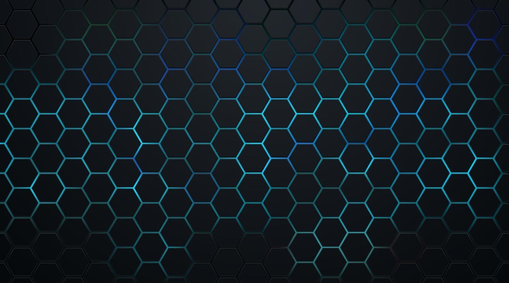 Abstract dark hexagon pattern on green and blue neon light background technology style. Modern futuristic geometric shape web banner design. You can use for cover template, poster, flyer, print ad. vector