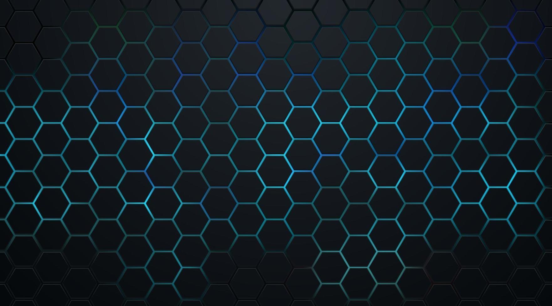 patrón de hexágono oscuro abstracto en estilo de tecnología de fondo de luz de neón verde y azul. diseño de banner web de forma geométrica futurista moderno. Puede utilizar para plantillas de portada, carteles, volantes, anuncios impresos. vector