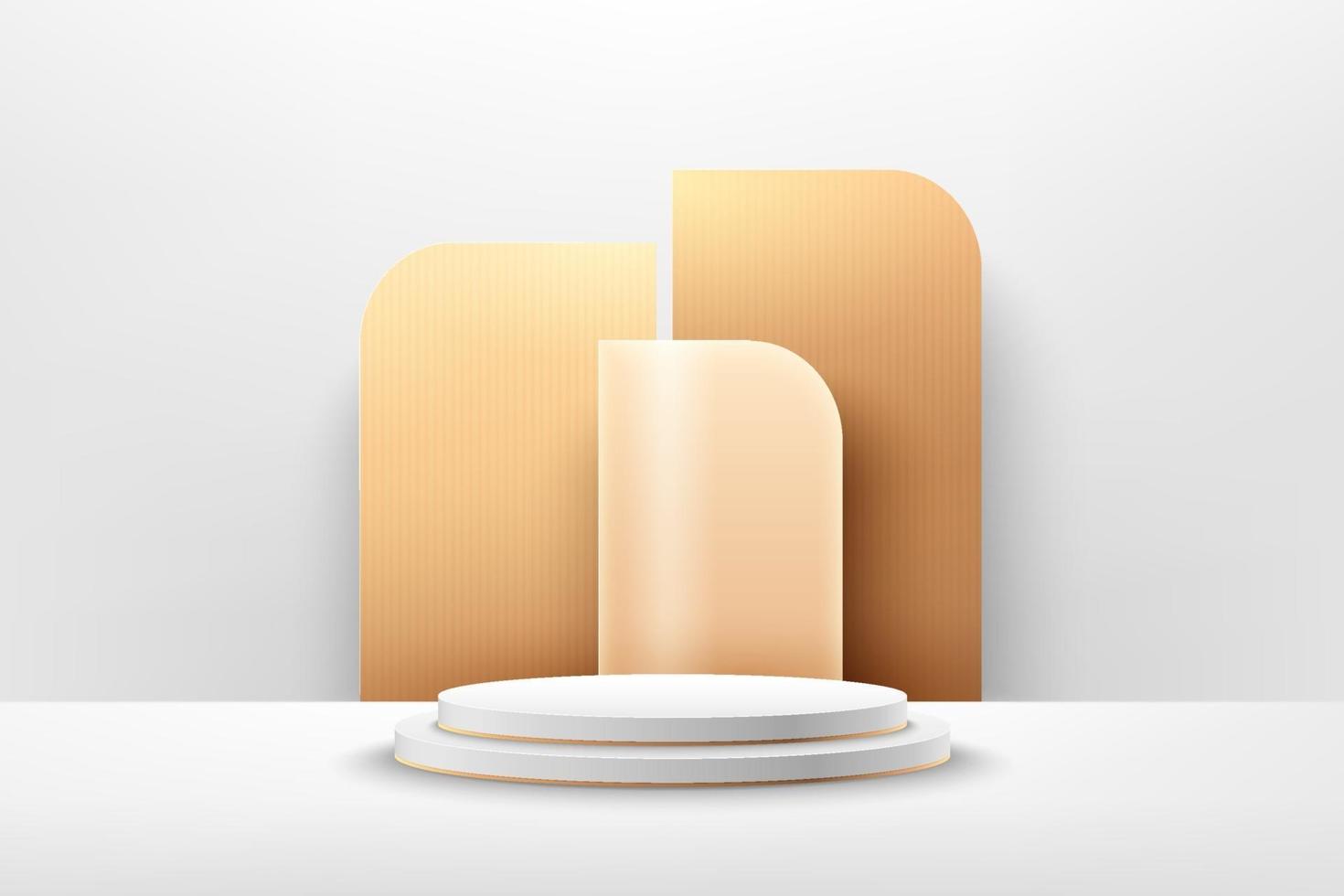 Abstract vector rendering 3d shape for advertising products display. Modern white and gold round podium with transparent glass and golden geometric shapes backdrop. Minimal scene studio room.