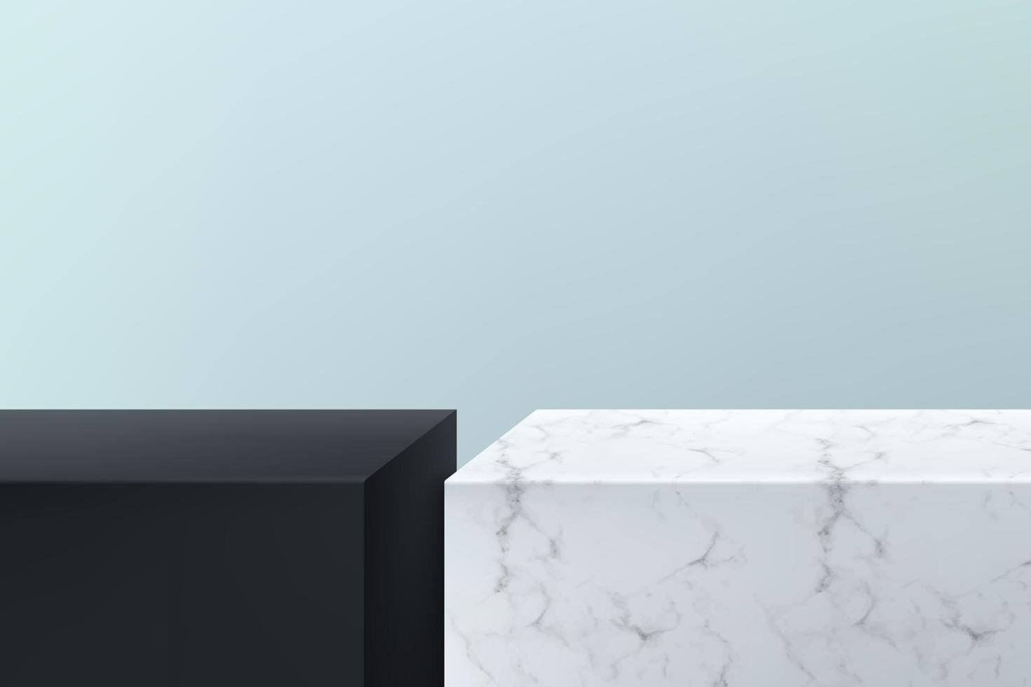 Modern black and white marbles texture cubes podium with pastel empty room background. Abstract vector rendering 3d shape for advertising product display. Minimal wall scene studio room concept.