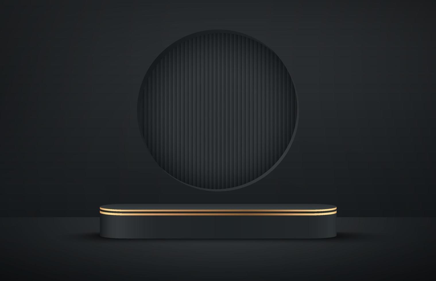 Luxury black and gold round podium with dark empty room and geometric pattern background. Abstract vector rendering 3d shape for advertising products display. Minimal scene studio room.