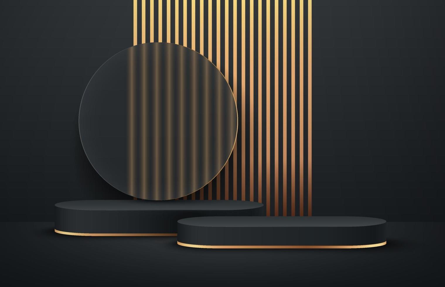 Luxury black and gold round podium with transparent glass and vertical golden stripes background. vector