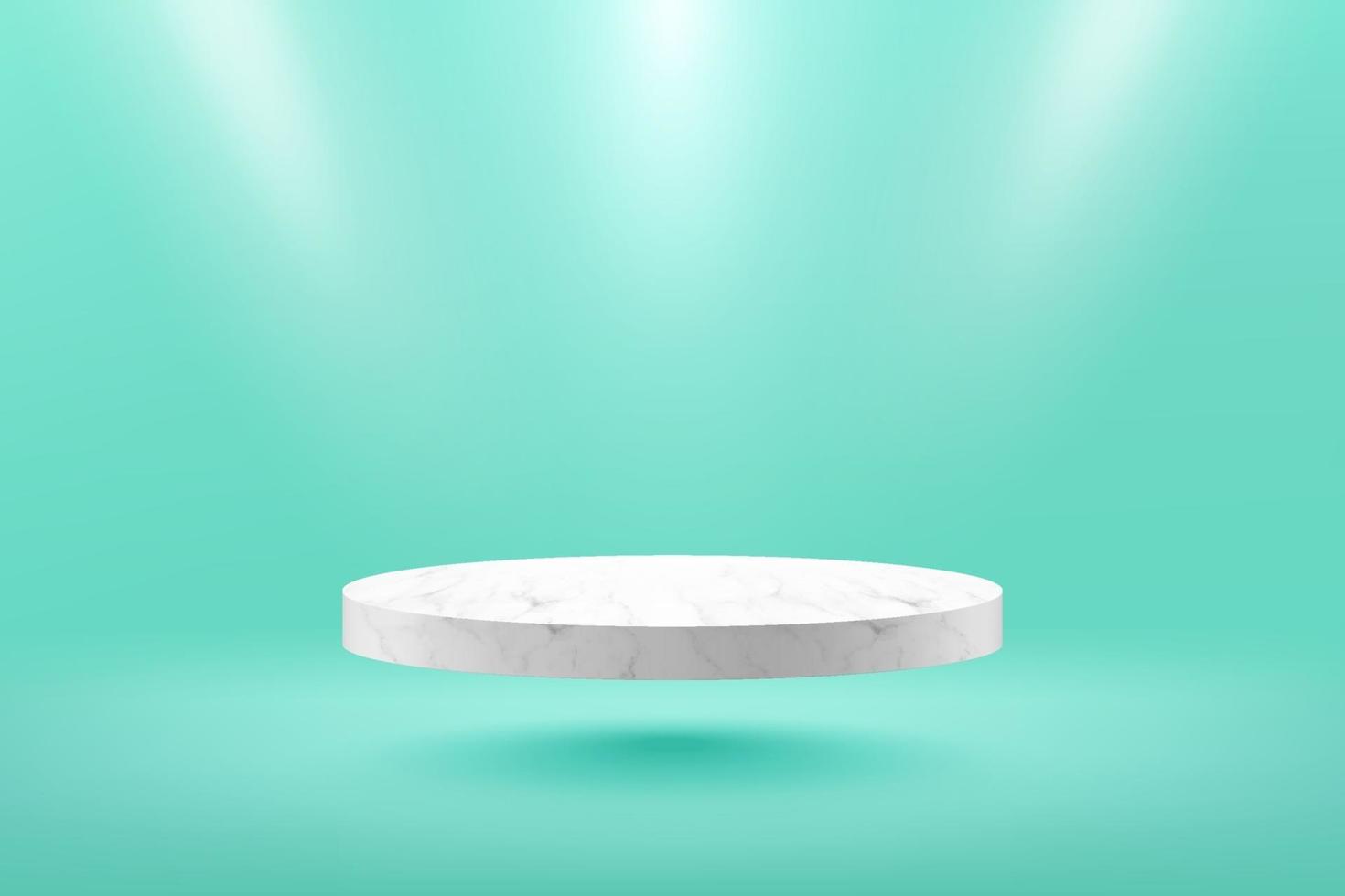 podio de cilindro de mármol blanco flotante moderno con una habitación vacía de color verde claro y un fondo de luz puntual. Representación vectorial abstracta en 3D para la exhibición de productos publicitarios. sala de estudio de escena mínima. vector
