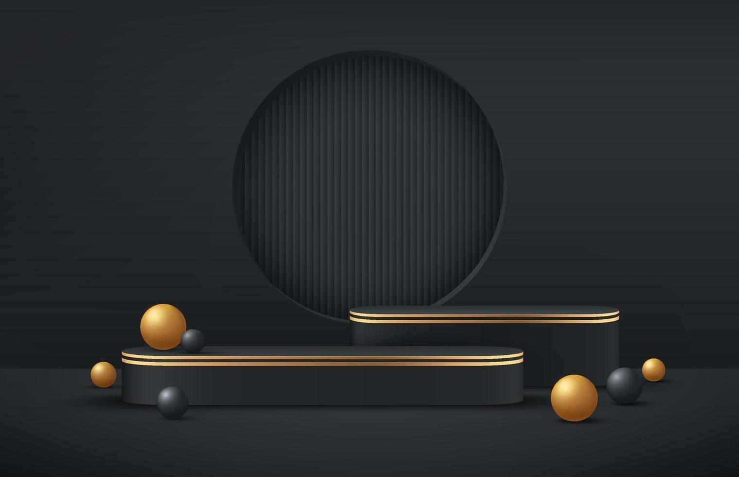 Luxury black and gold round podium on dark empty room background. Black, golden ball sphere decorate. Abstract vector rendering 3d shape for products display presentation. Minimal scene studio room.