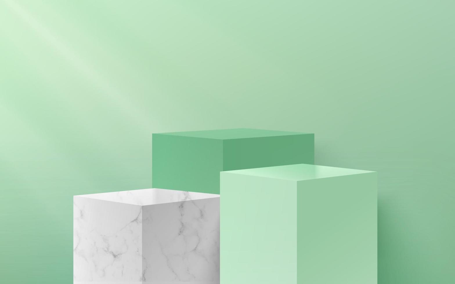 Modern green and white marble texture cubes podium with pastel empty room background. Abstract vector rendering 3d shape for advertising product display with copy space. Minimal scene studio concept.