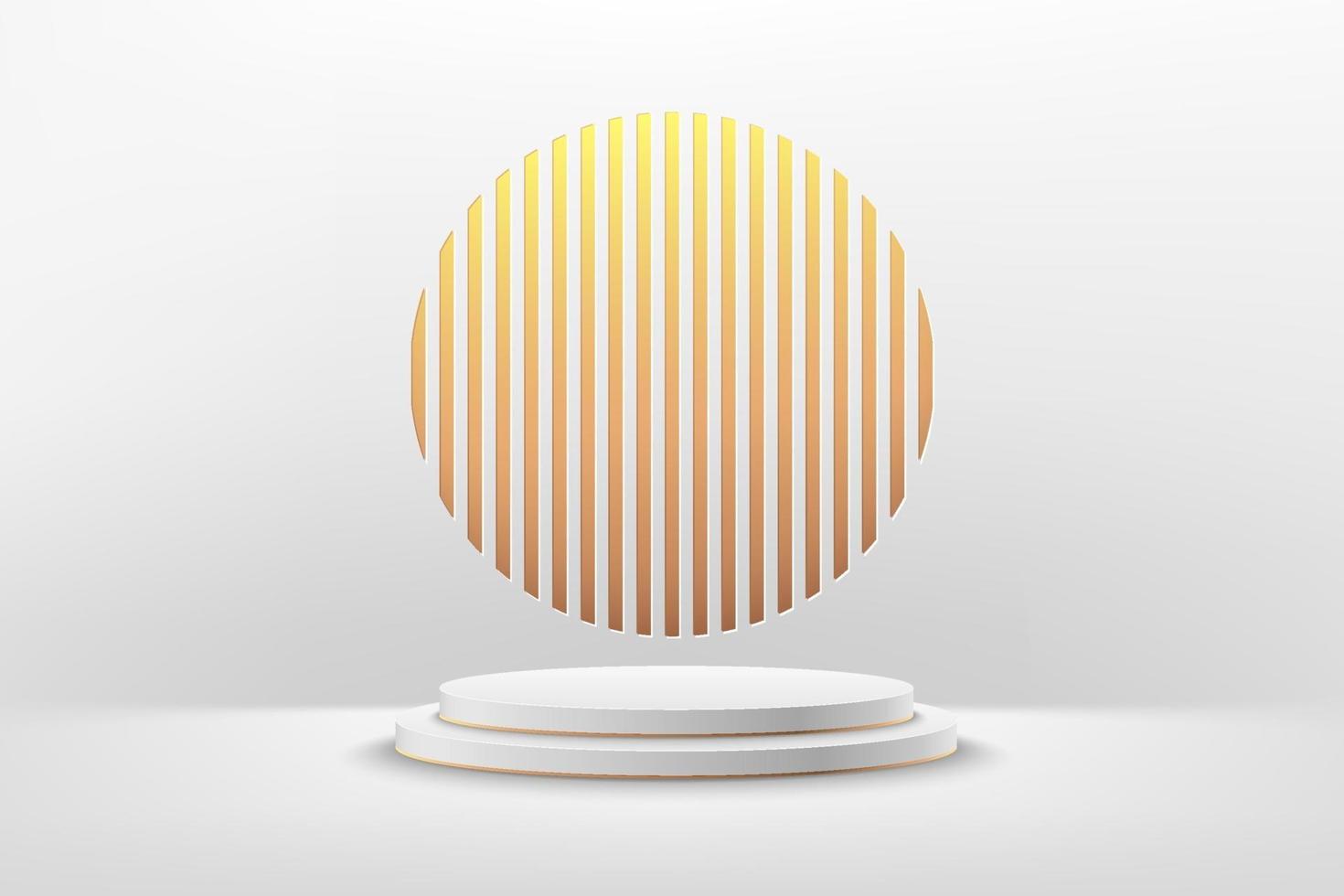 Abstract vector rendering 3d shape for advertising products display with copy space. Modern white and gold round podium with empty room and golden geometric background. Minimal studio room concept.