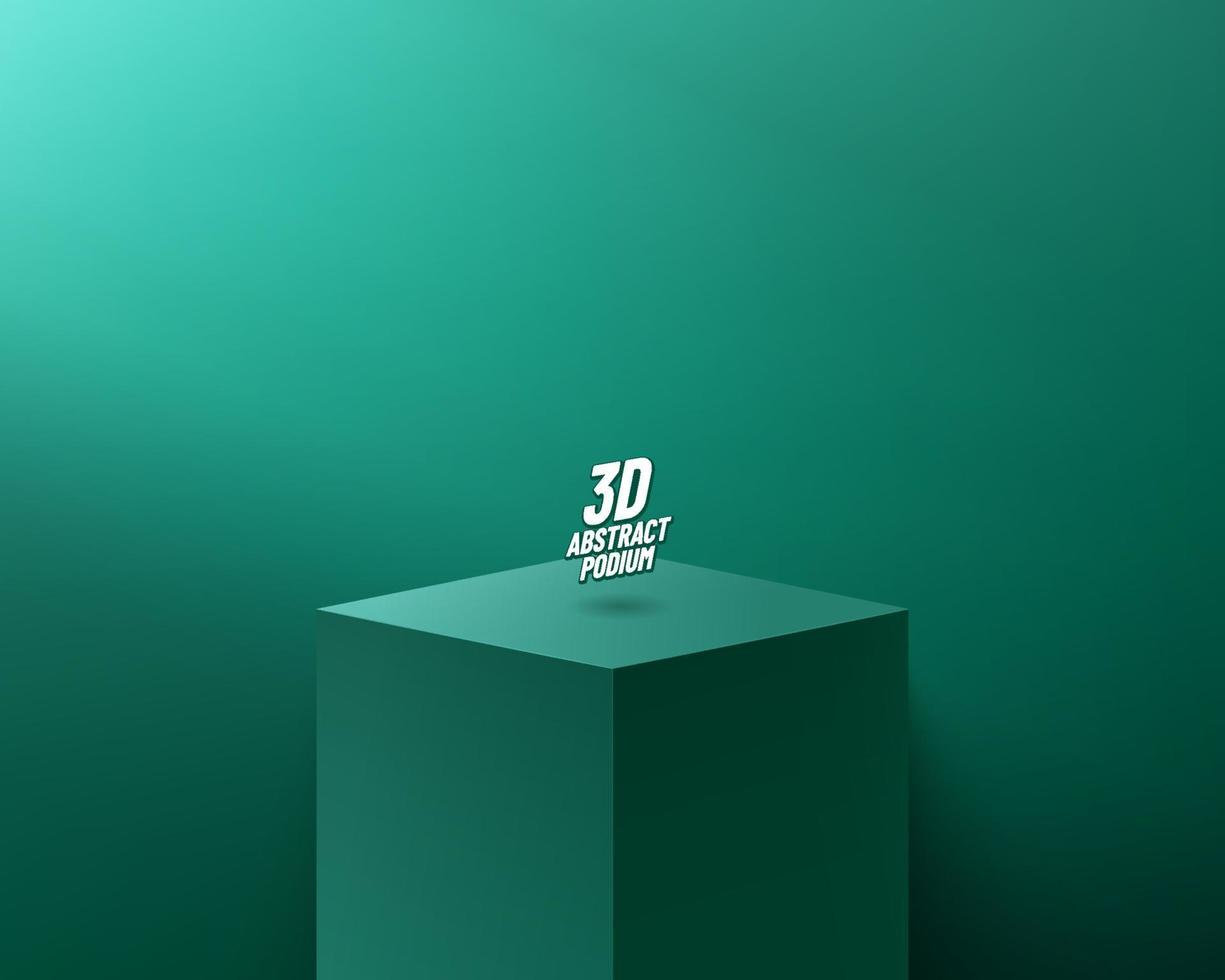 Representación vectorial abstracta en 3D para presentación de productos. moderno podio de pedestal de cubo verde oscuro con una habitación vacía oscura y un fondo claro de ventana. concepto de sala de estudio de escena mínima. vector