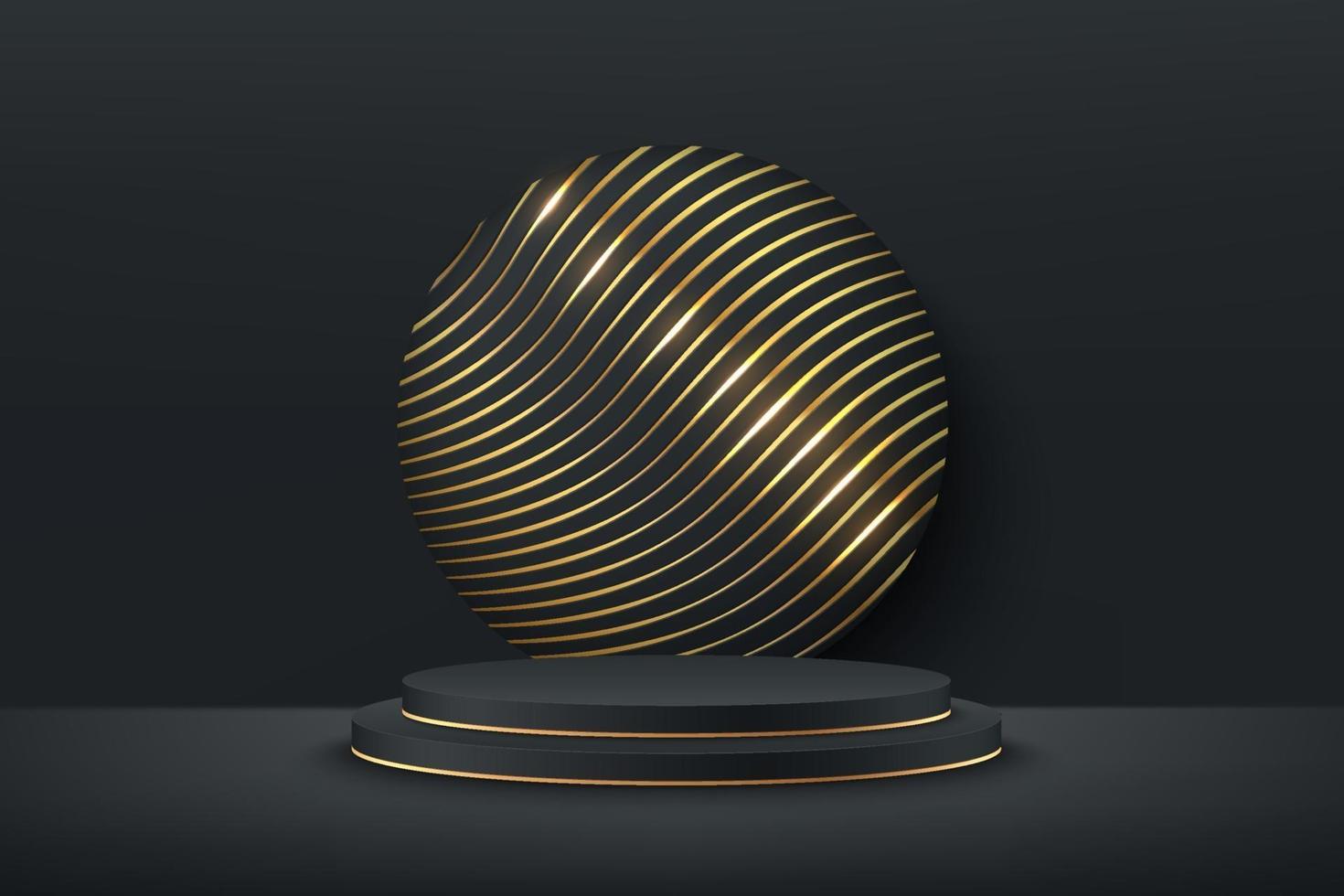 Abstract vector rendering 3d shape for cosmetic products display presentation. Luxury black and gold cylinder pedestal podium with dark empty room and curve gold pattern. Minimal scene studio room.
