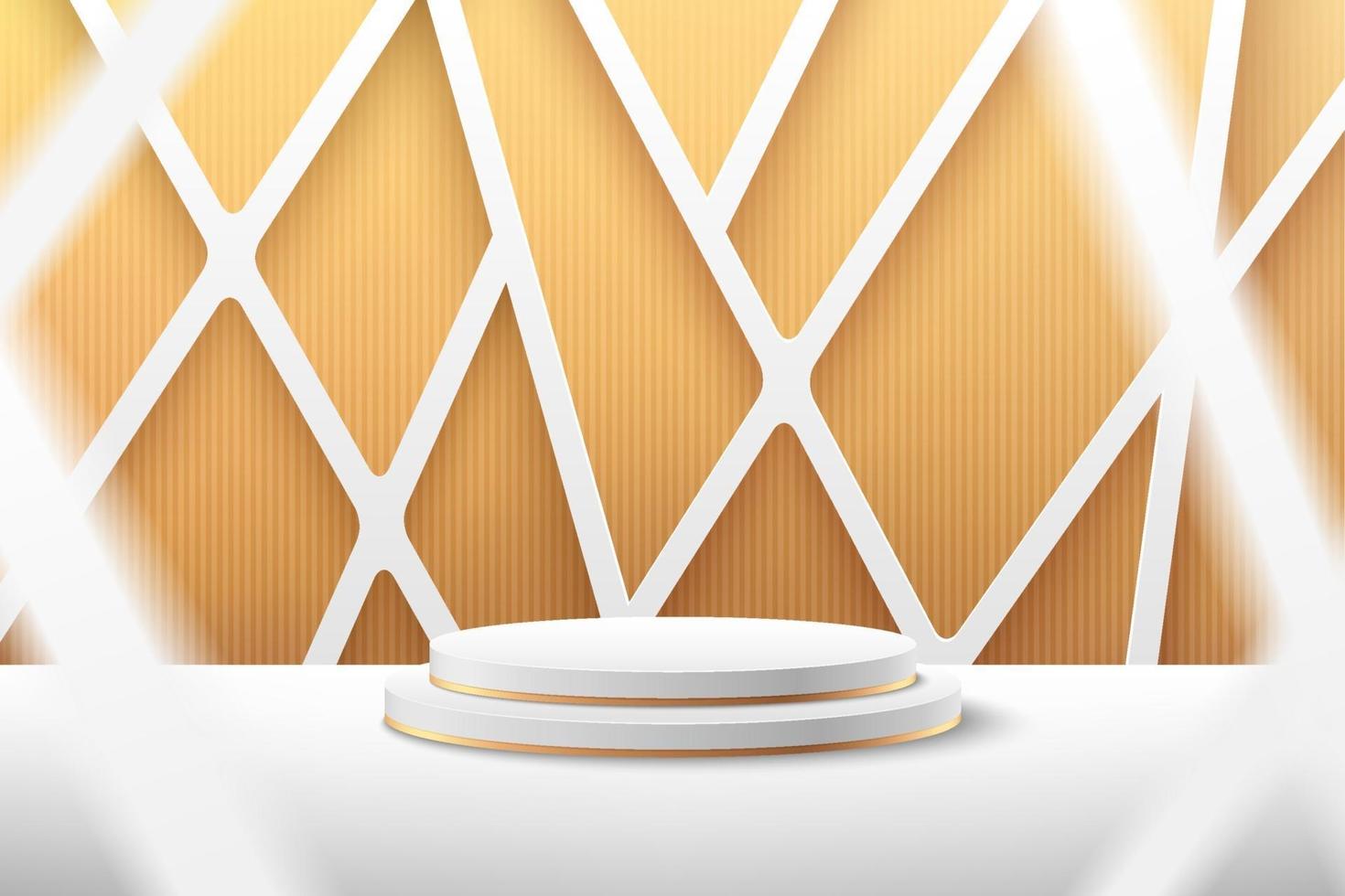 Modern white and gold cylinder podium with empty room and golden geometric overlap background. Abstract vector rendering 3d shape for advertising product display with copy space. Minimal scene concept