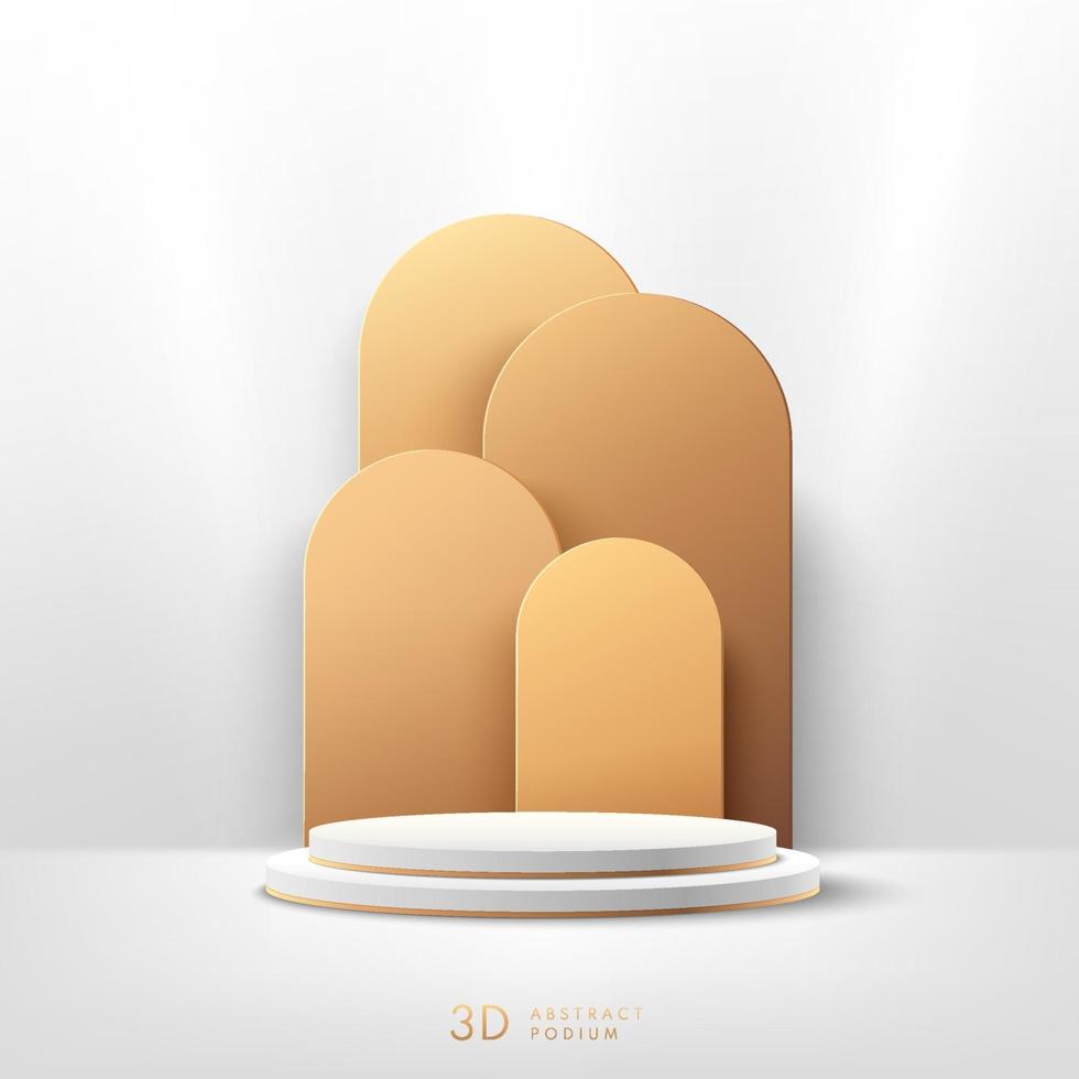 Abstract vector rendering 3d shape for cosmetic products display presentation. Luxury white and gold round pedestal podium with empty room and golden geometric shapes background. Minimal scene room.