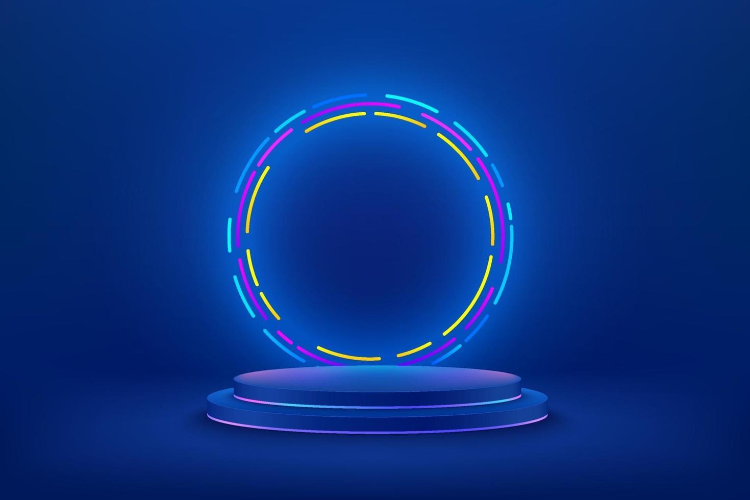 Abstract vector rendering 3d shape for cosmetic products display presentation. Modern technology blue cylinder podium with dark empty room and shiny ring neon background. Minimal scene studio room .