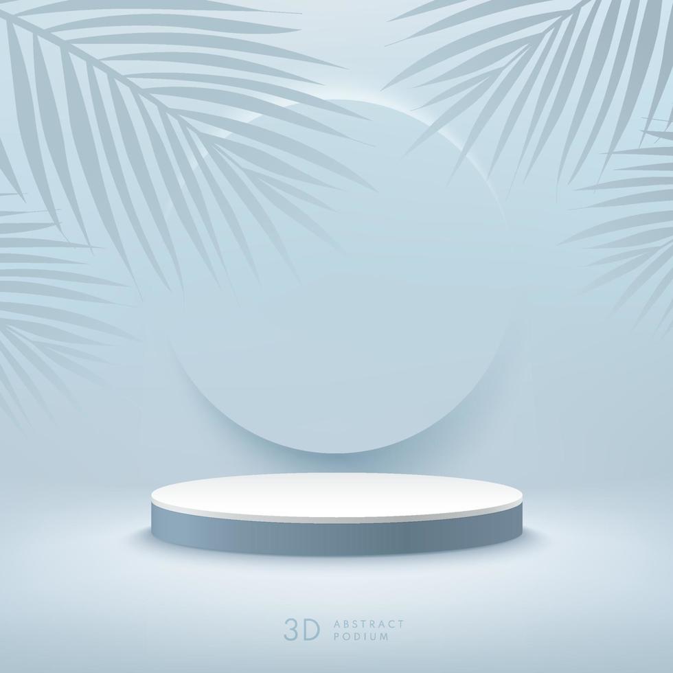 Abstract vector rendering 3d shape for cosmetic products display presentation. Modern white cylinder pedestal podium with light blue empty room and palm leaf decorate. Minimal scene studio room .