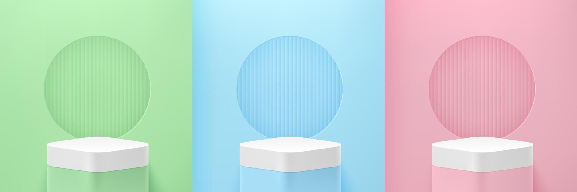 Set of green, blue, pink round cube pedestal podium on Pastel empty room background. Abstract modern vector rendering 3d shape for advertising products display. Minimal scene studio room.
