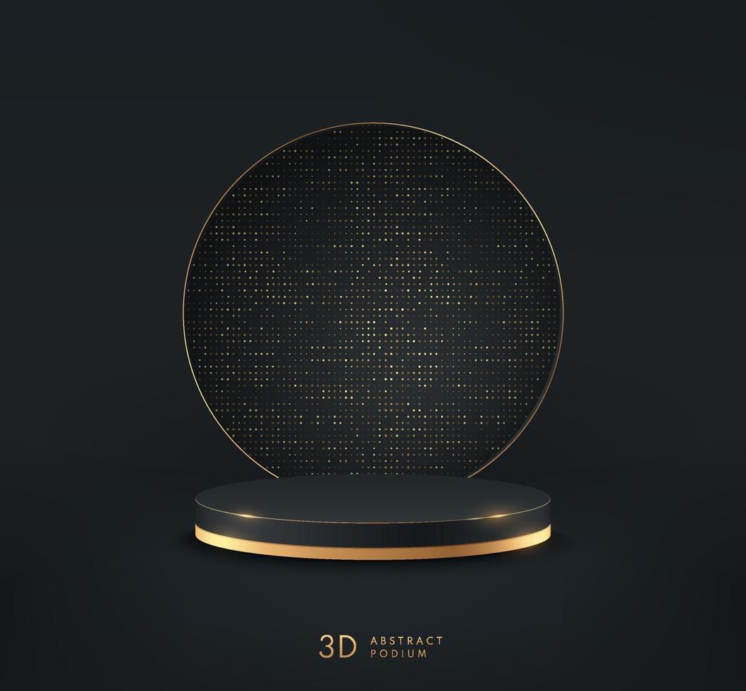 Abstract vector rendering 3d shape for advertising products display presentation. Luxury black and gold cylinder podium with dark empty room and golden glitter texture background. Minimal scene room.