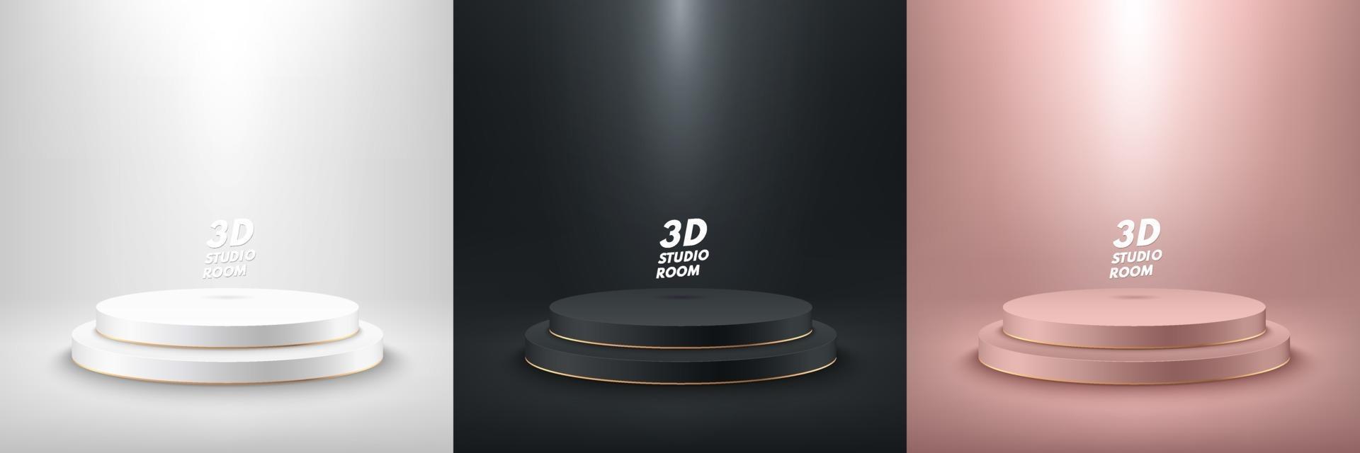 Set of abstract luxury round display for product on website in modern. Background rendering with podium and minimal texture wall scene, 3d rendering geometric shape white black and pink gold color. vector