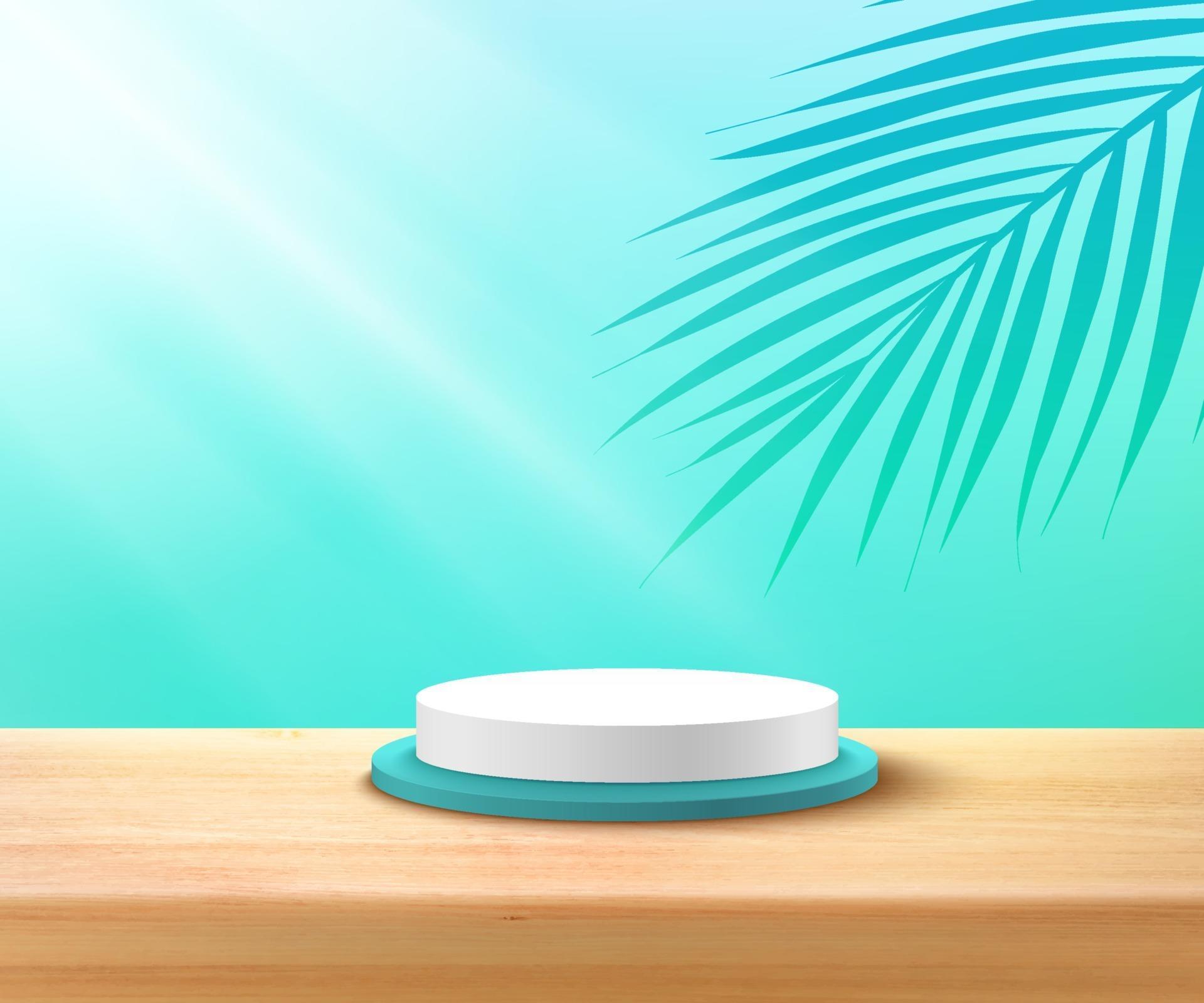 Modern white, blue cylinder podium with pastel empty room and wood texture, green coconut leaf background. Abstract vector rendering 3D shape for advertising product display. Tropical scene concept.