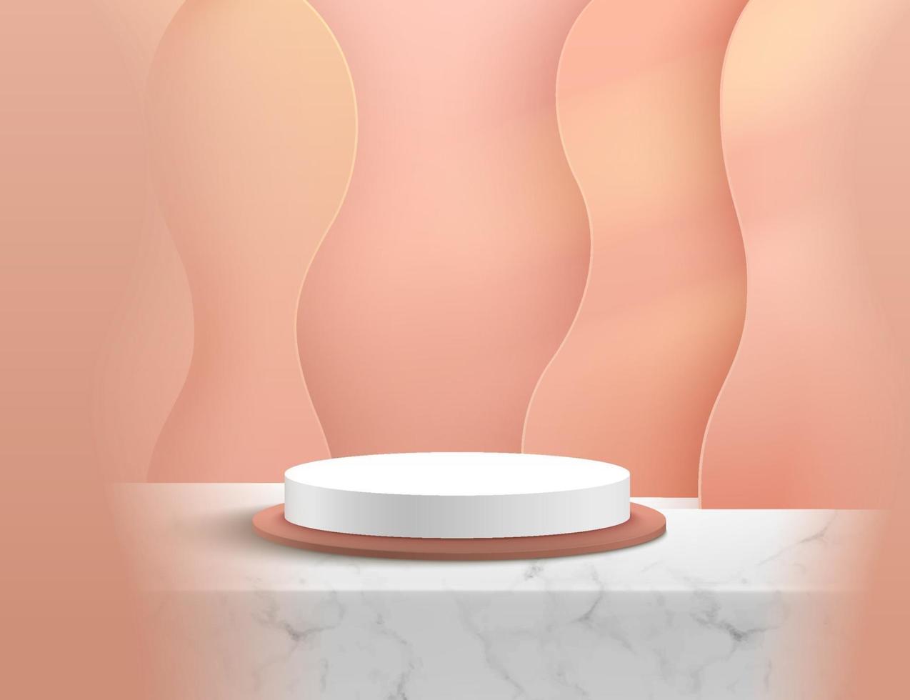 Modern white marble cylinder podium with soft pink empty room and wave pattern layer background. Abstract vector rendering 3D shape for advertising product display. Minimal scene studio room concept.