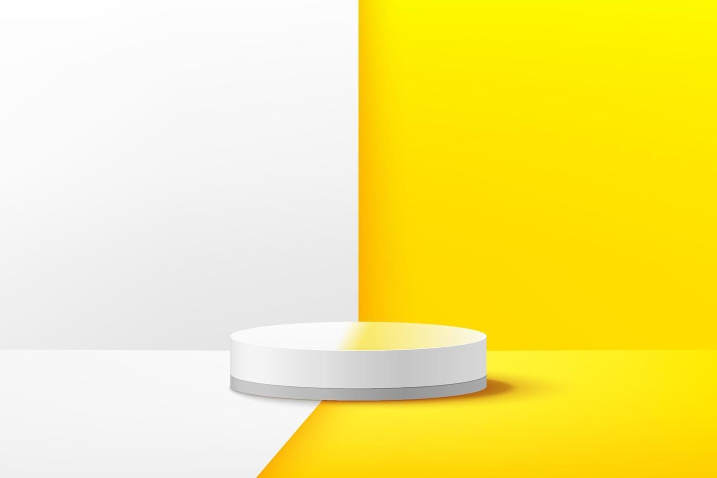 Representación vectorial abstracta de forma 3d para la exhibición de productos publicitarios con espacio de copia. podio moderno blanco y redondo con fondo blanco y amarillo de la habitación vacía. concepto de habitación de estudio minimalista en colores pastel. vector