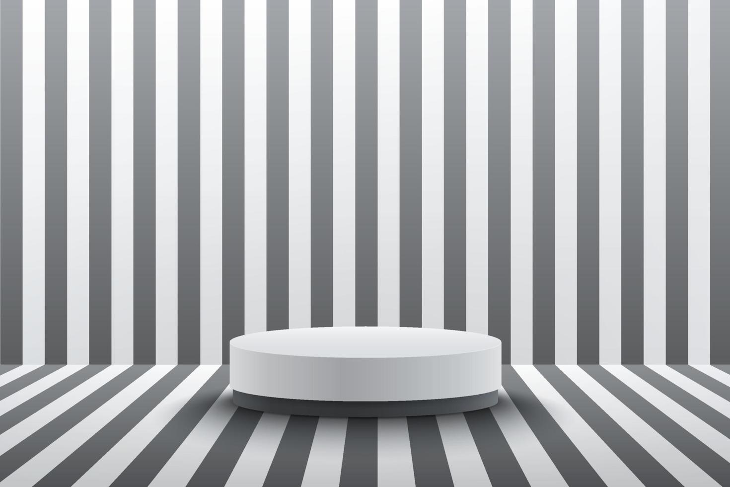 Modern white cylinder podium with black and white stripes  perspective empty room background. Abstract vector rendering 3d shape for advertising product display. minimal scene studio room concept.