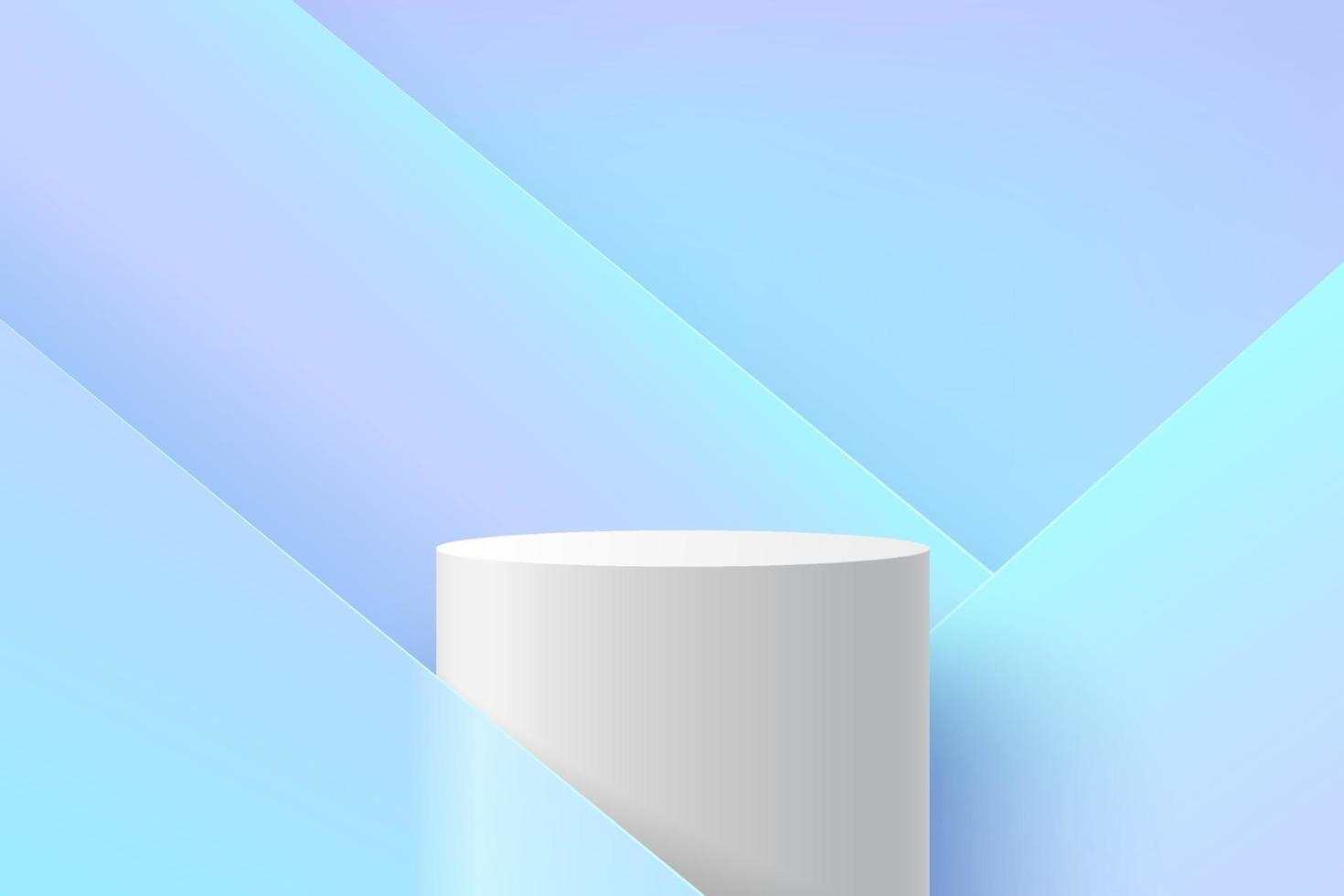 Modern white cylinder podium with light blue empty room and geometric pattern background. Abstract vector rendering 3d shape for advertising product display. Pastel minimal scene studio room concept.