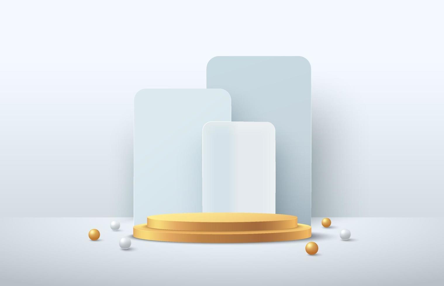 Luxury white and gold cylinder pedestal podium. Geometric shape backdrop. Minimal wall scene. White and gold sphere ball. Abstract vector rendering 3d shape for products display presentation.