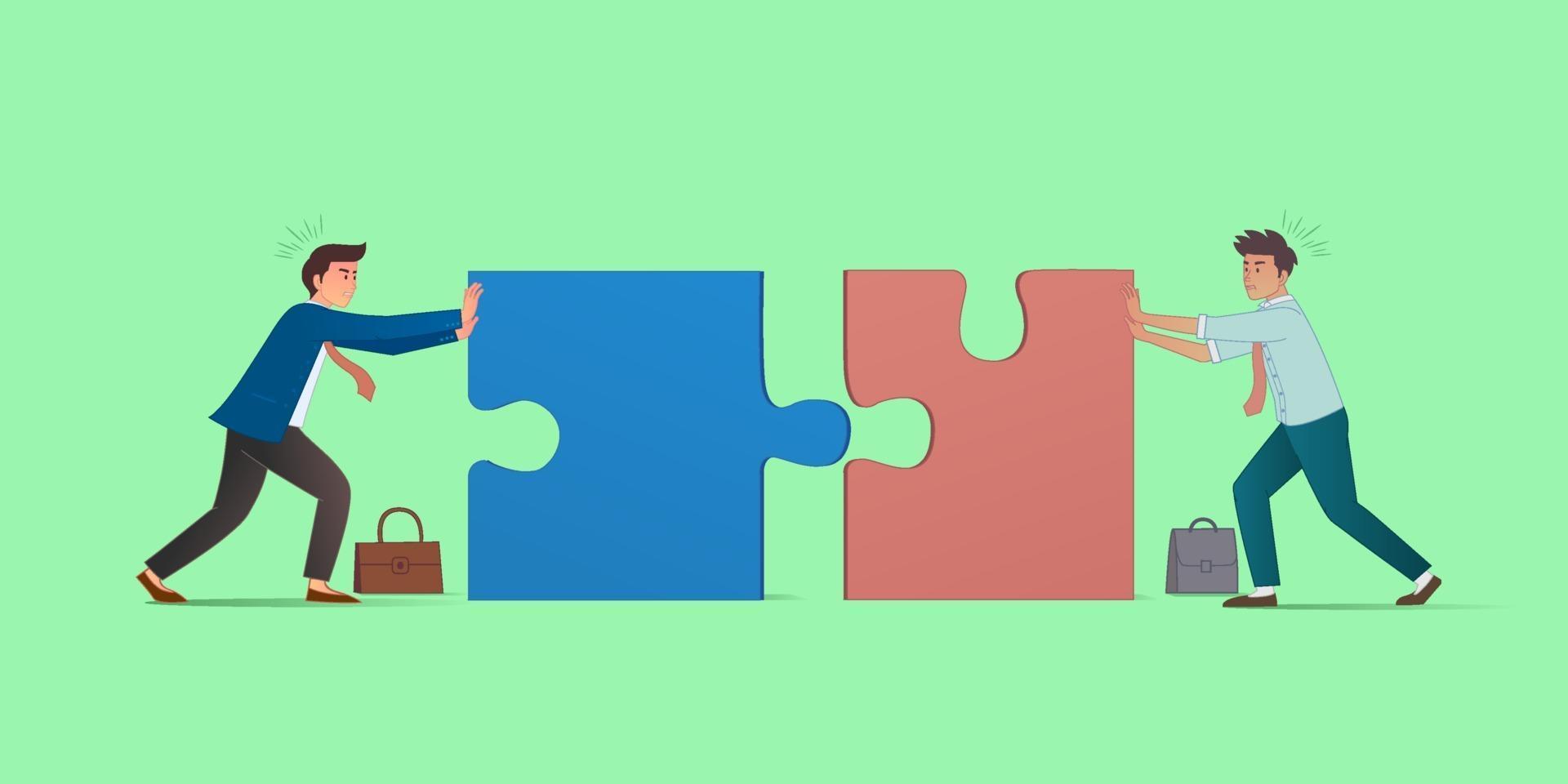 Business concept. 2 businessman pushing the jigsaw puzzle. Symbol of difficulty, ambition, motivation, struggle, achievement. Simple flat cartoon. Vector illustration