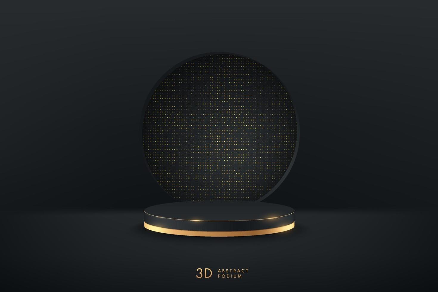 Abstract vector rendering 3d shape for advertising products display presentation. Luxury black and gold cylinder podium with dark empty room and golden glitter texture background. Minimal scene room.