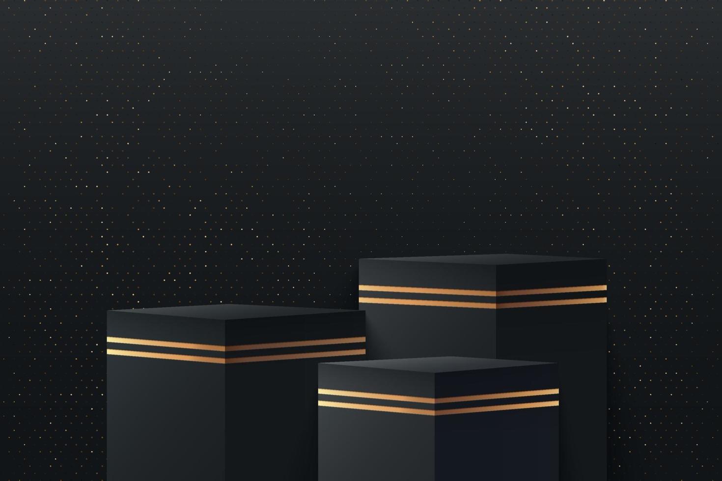 Pantalla de cubo de lujo abstracto para el producto en el sitio web en estilo moderno. Representación de fondo negro con podio y escena de pared de textura dorada mínima, forma geométrica de representación 3D. ilustración vectorial vector
