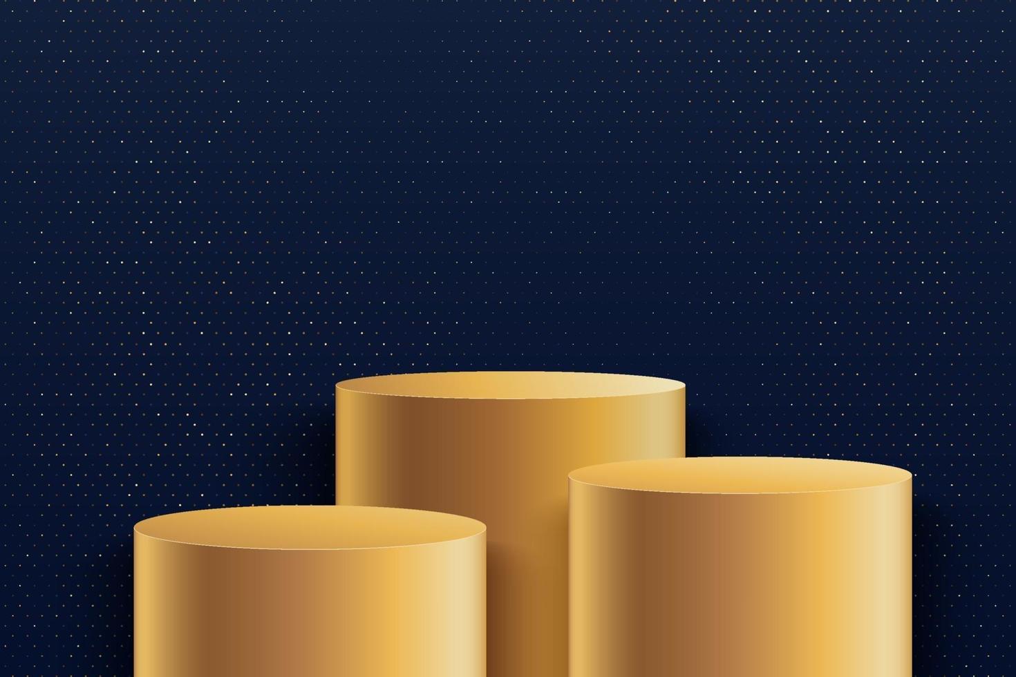 Abstract round stage for awards in modern. Luxury background vector rendering with golden podium and dark blue with golden glitter wall scene, 3d rendering geometric shape blue color. Vector EPS10