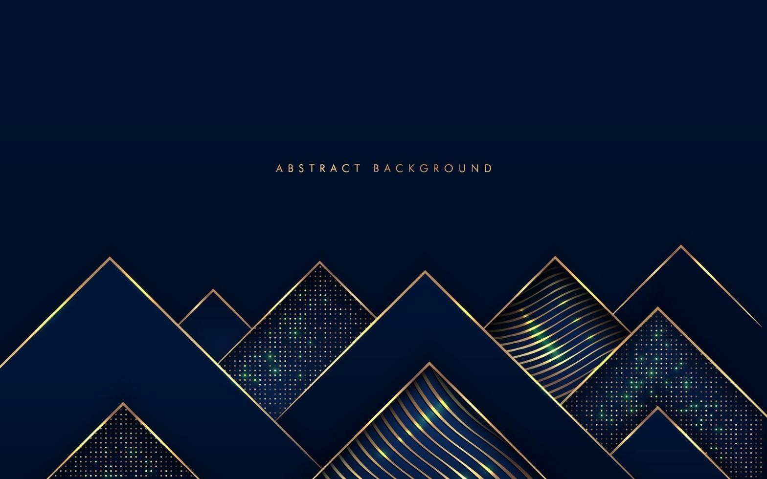 Abstract modern luxury dark navy blue gradient triangles shape with golden line and glow glitter texture. Geometric overlapping layer elegant style with copy space. Vector illustration