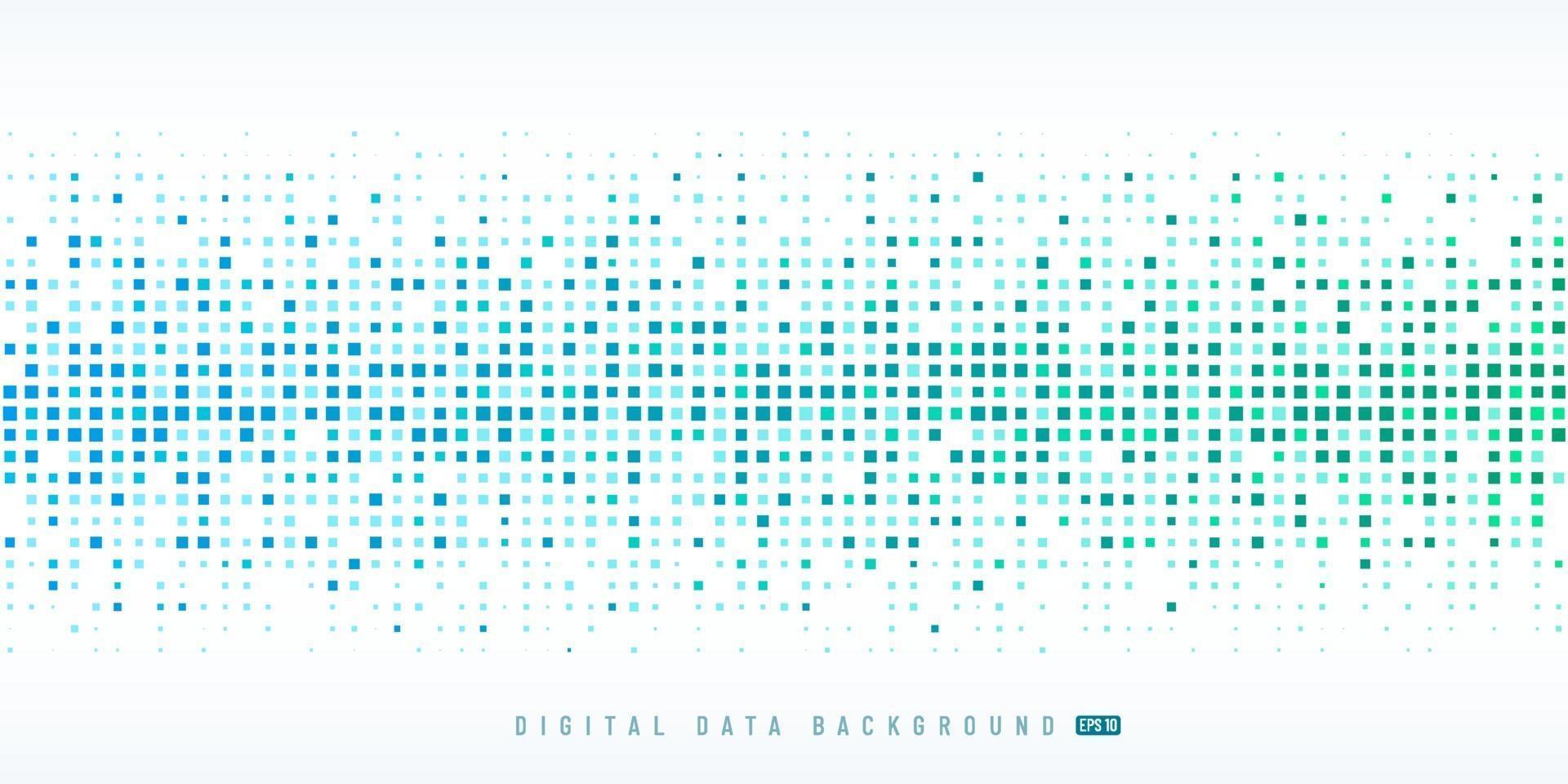 Abstract digital data technology square light blue and green pattern pixel background with copy space. Modern futuristic horizontal pixel design. Vector illustration