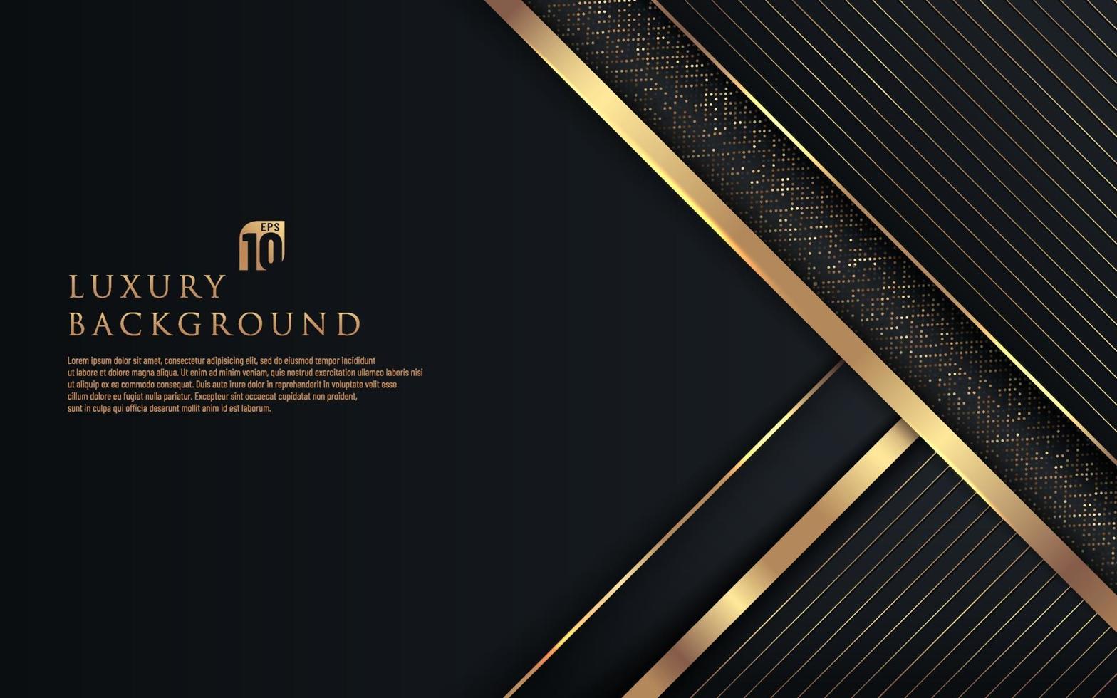 Abstract premium black geometric overlap layers with stripe golden line and glitter lighting on dark background. Luxury and elegant background with copy space. Vector illustration