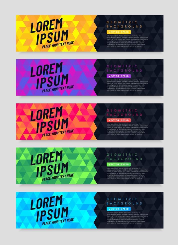 Set of horizontal black banners with dynamic colorful geometric triangle shapes. Abstract universal template for a web site elements. Hexagon modern coupon template design collection. Vector EPS10