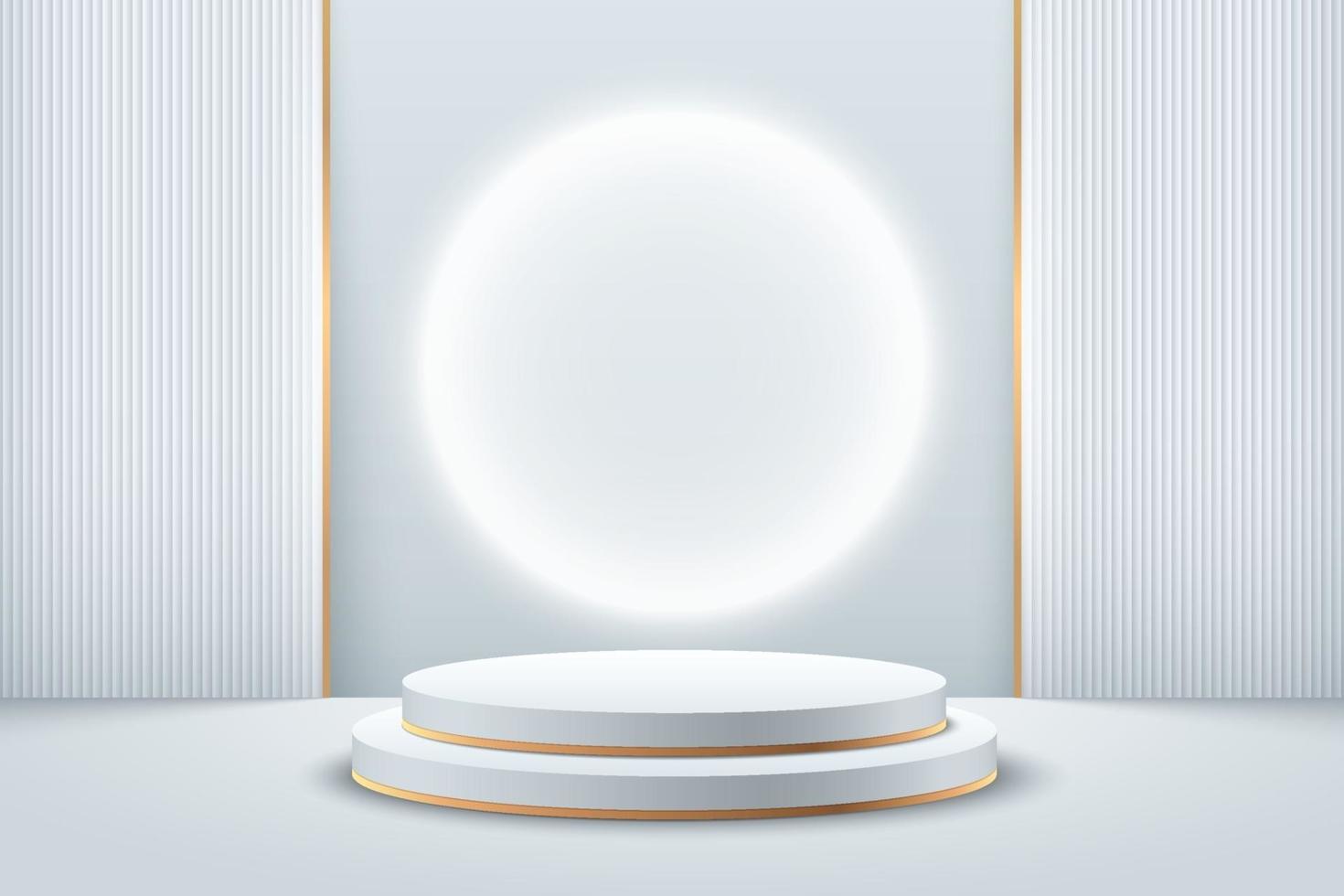 Abstract round display for product on website in modern. Futuristic background rendering with podium and minimal white and gold texture wall scene, 3d rendering geometric shape silver color. Vector EPS